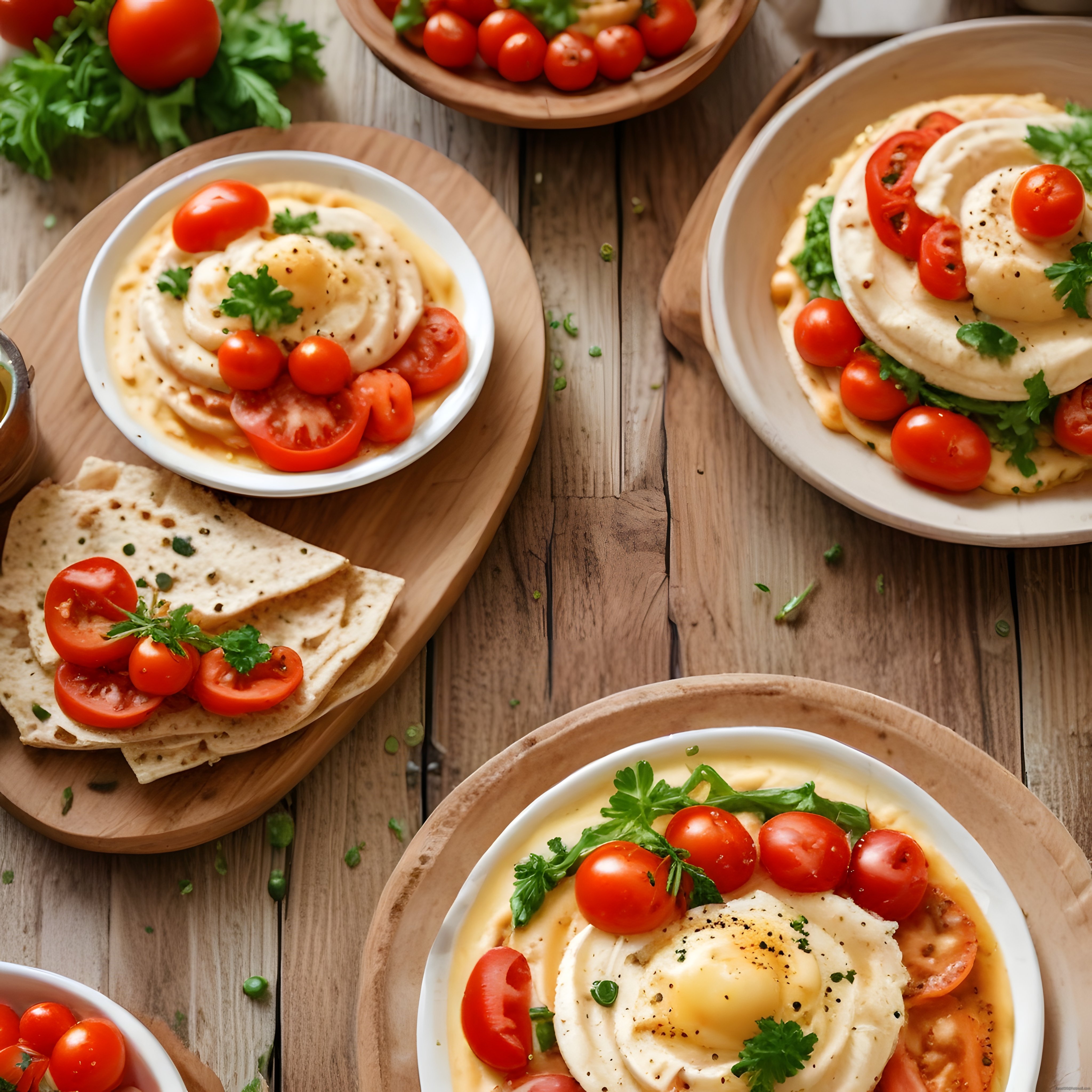 Ahşap Masa Üzerinde Zeytinyağlı Taze Domates ve Maydanozlu Humus Sunumu