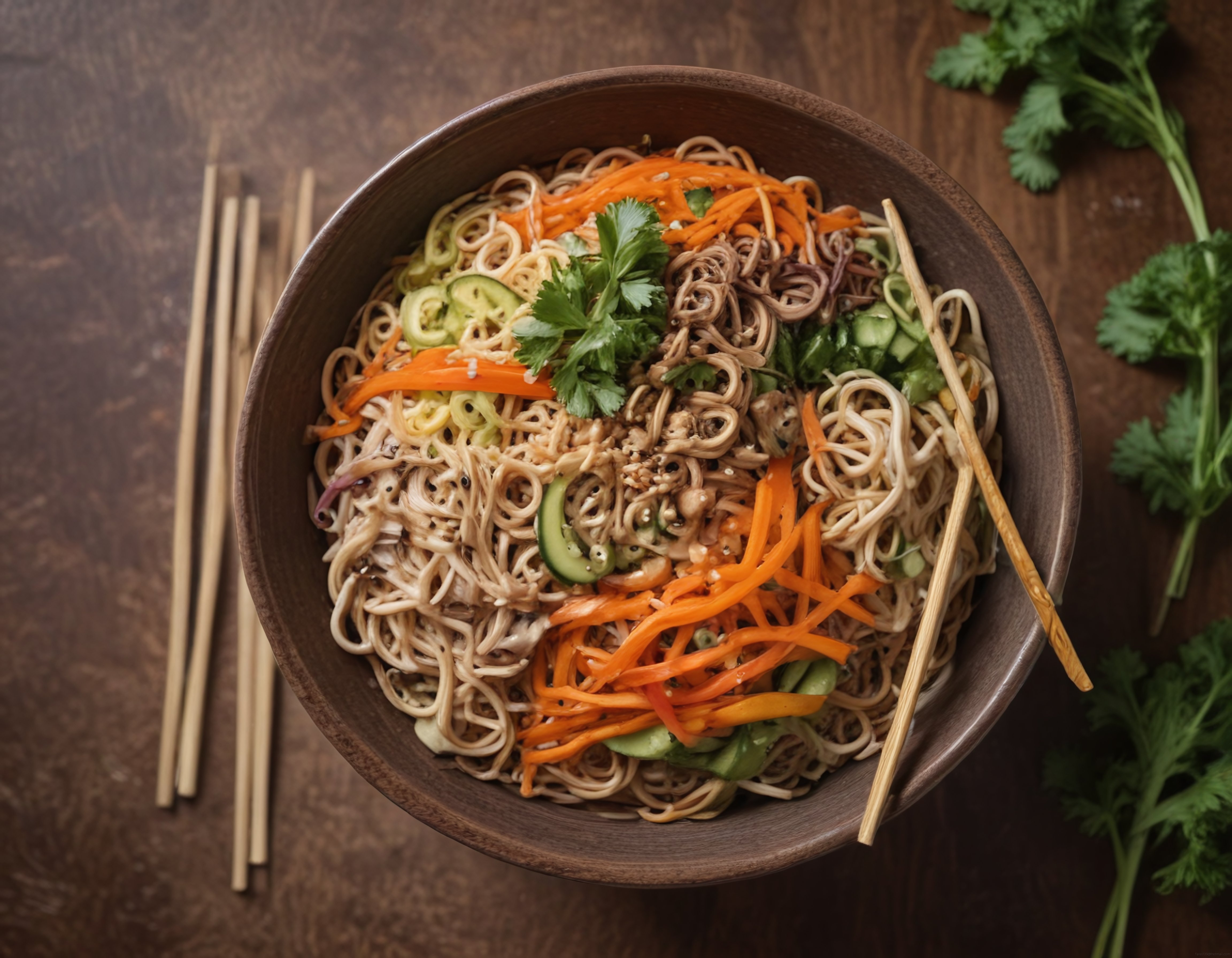 Ahşap Masada Asya Usulü Sebzeli Soba Noodle Sunumu ve Chopstickler