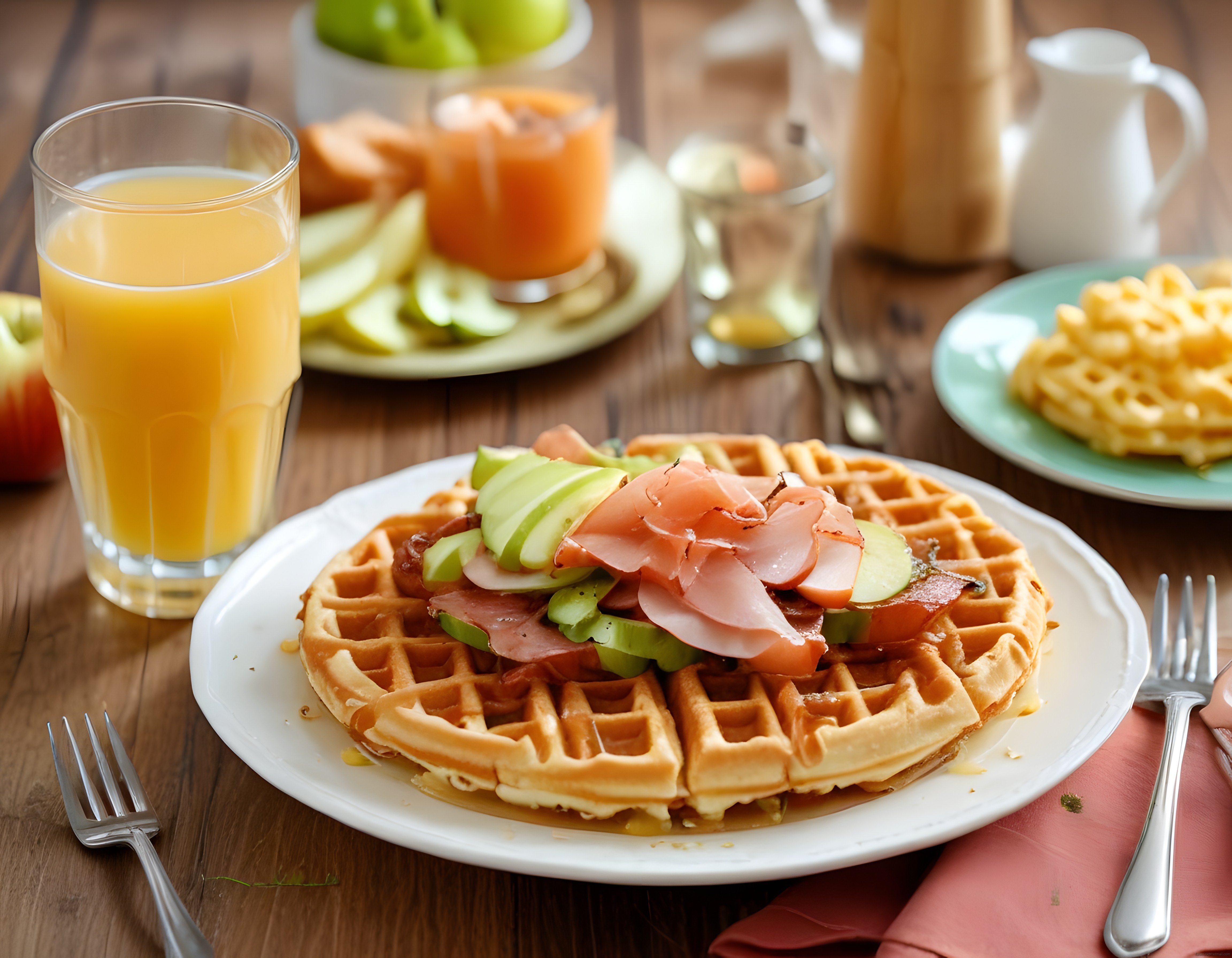 Ahşap Masada Avokado ve Jambonlu Waffle ile Lezzetli Kahvaltı Sunumu