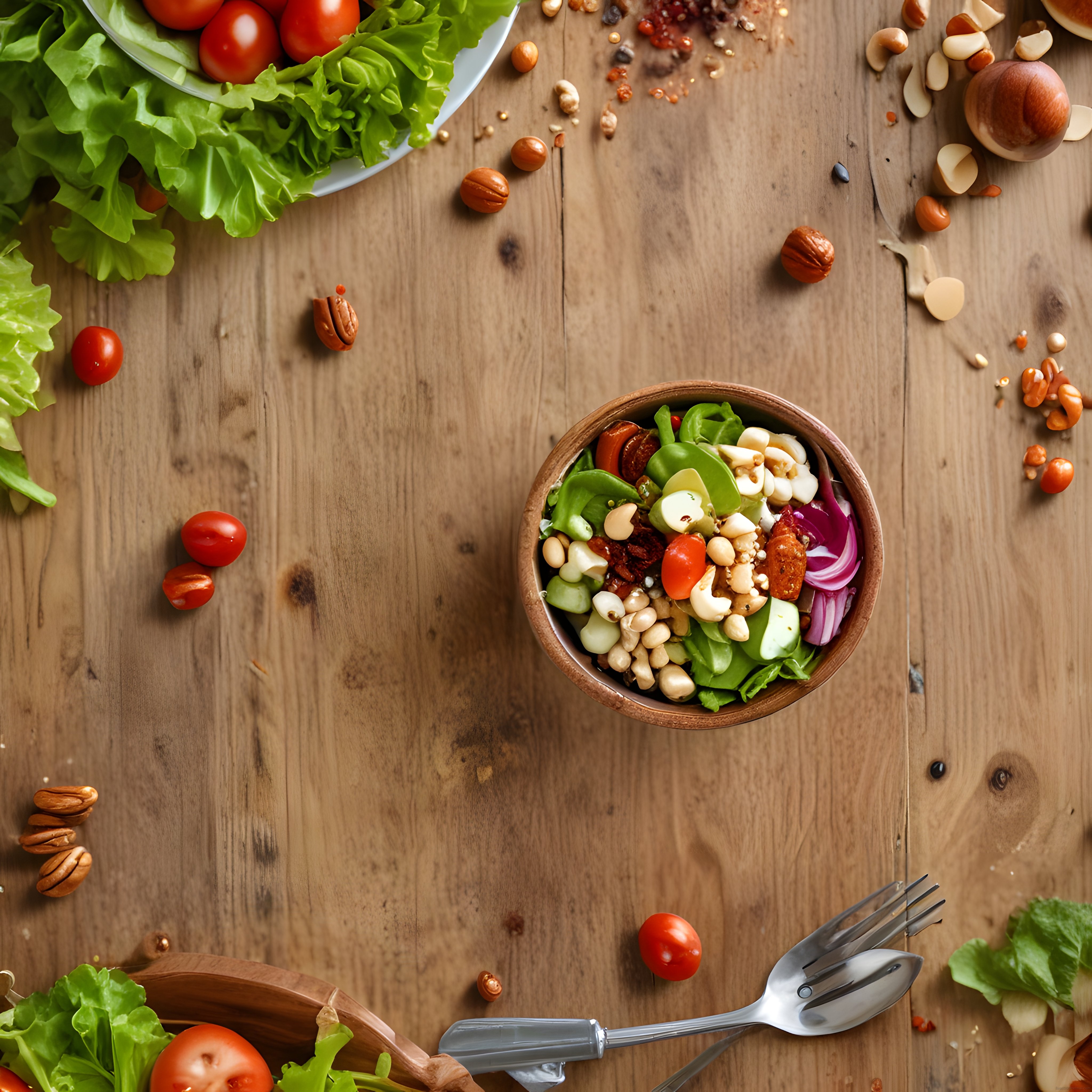 Ahşap masada avokado ve kuruyemişli renkli vegan salata kasesi