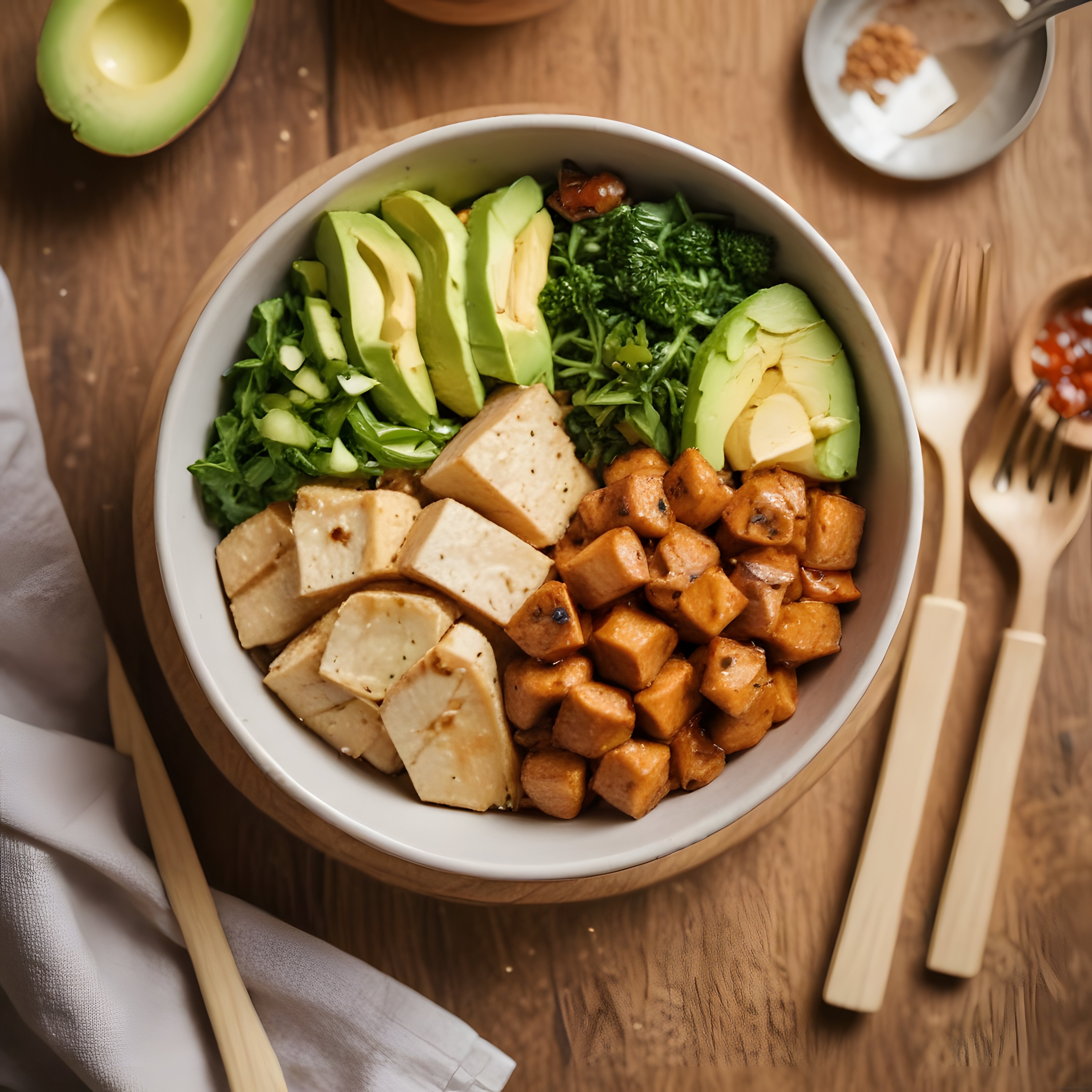 Ahşap Masada Avokado ve Tofulu Brokolili Sağlıklı Vegan Buddha Kase