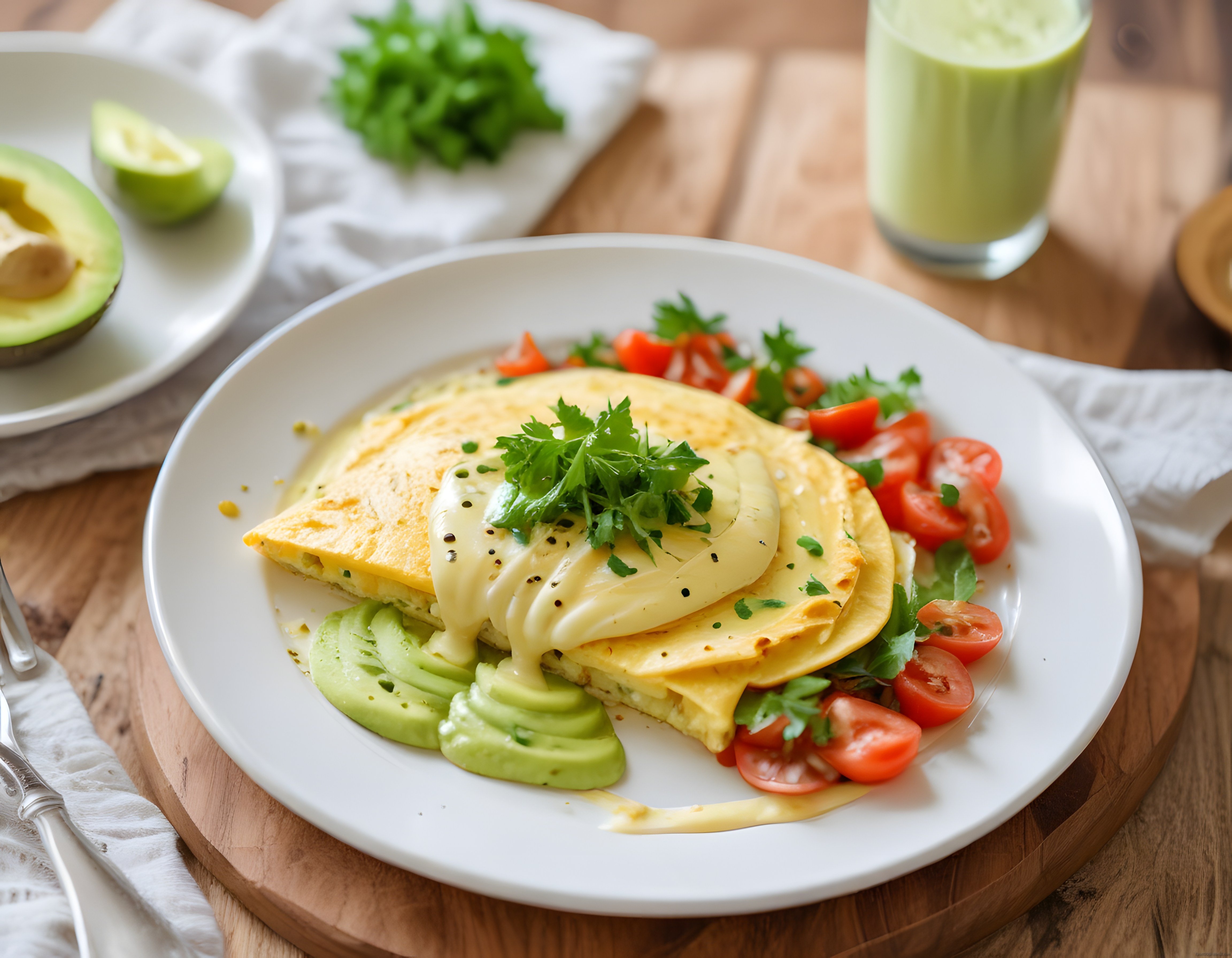 Ahşap Masada Avokadolu Peynirli Omlet ve Yeşil Smoothie Kahvaltısı