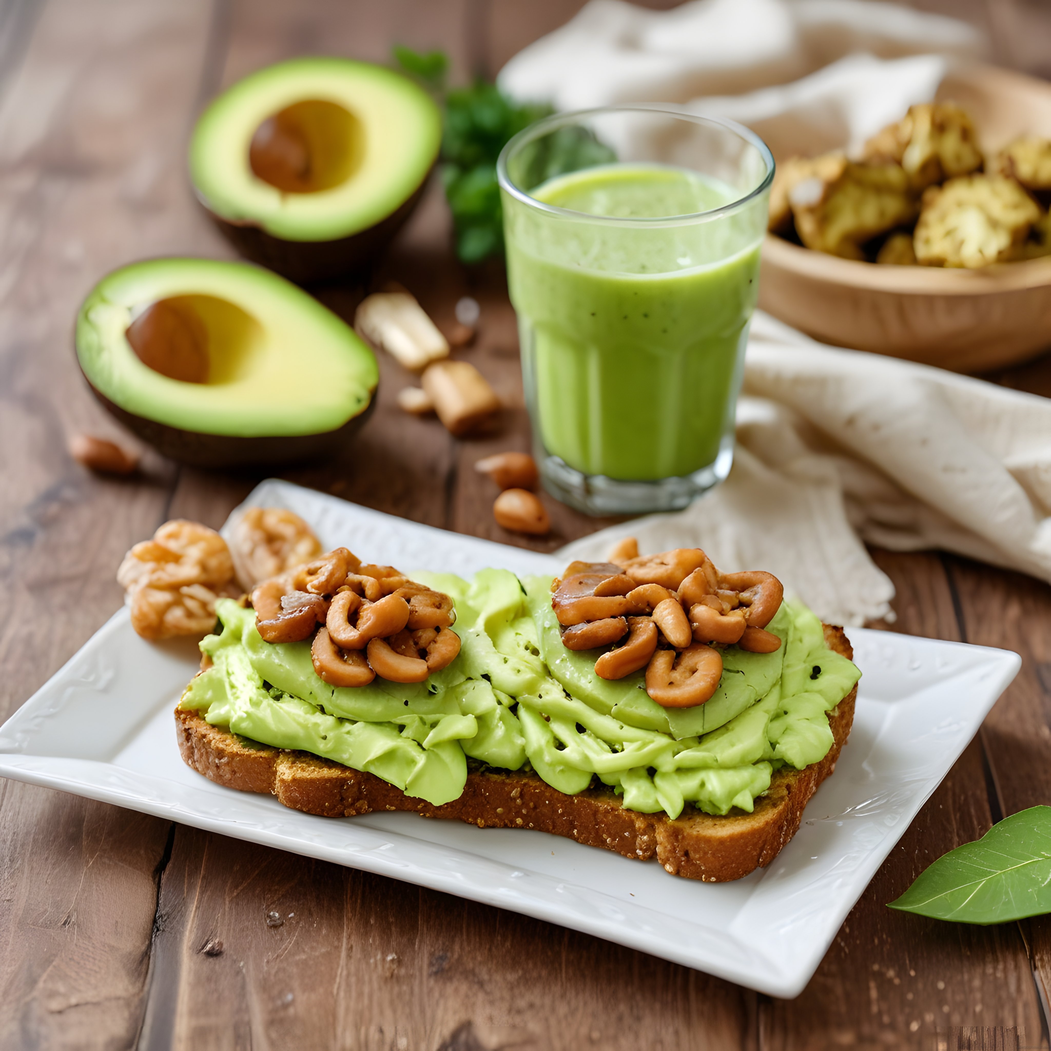 Ahşap Masada Avokadolu Tost, Yeşil Smoothie ve Atıştırmalık Kahvaltı