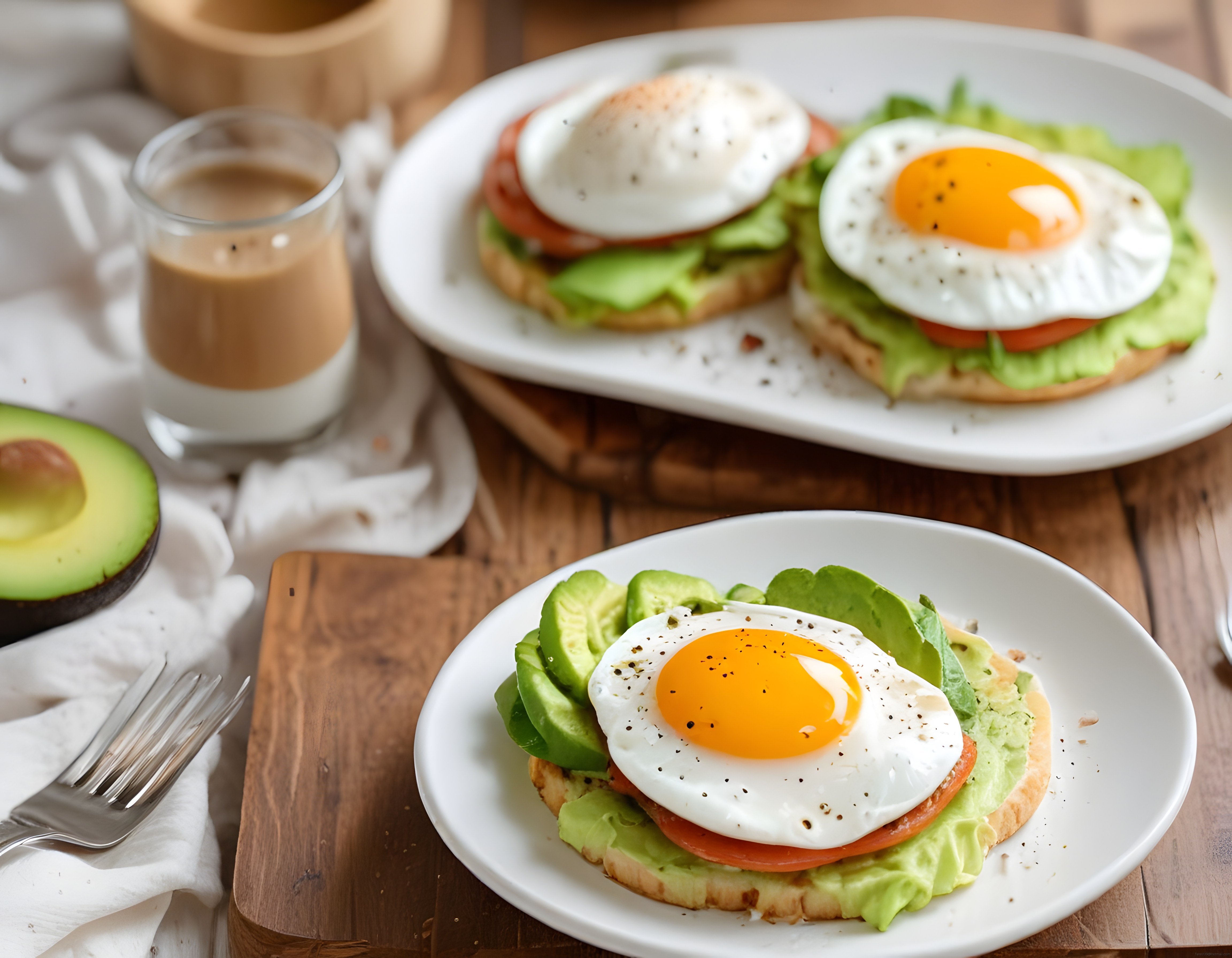 ahşap masada avokadolu yumurtalı ekmek ve latte ile kahvaltı keyfi