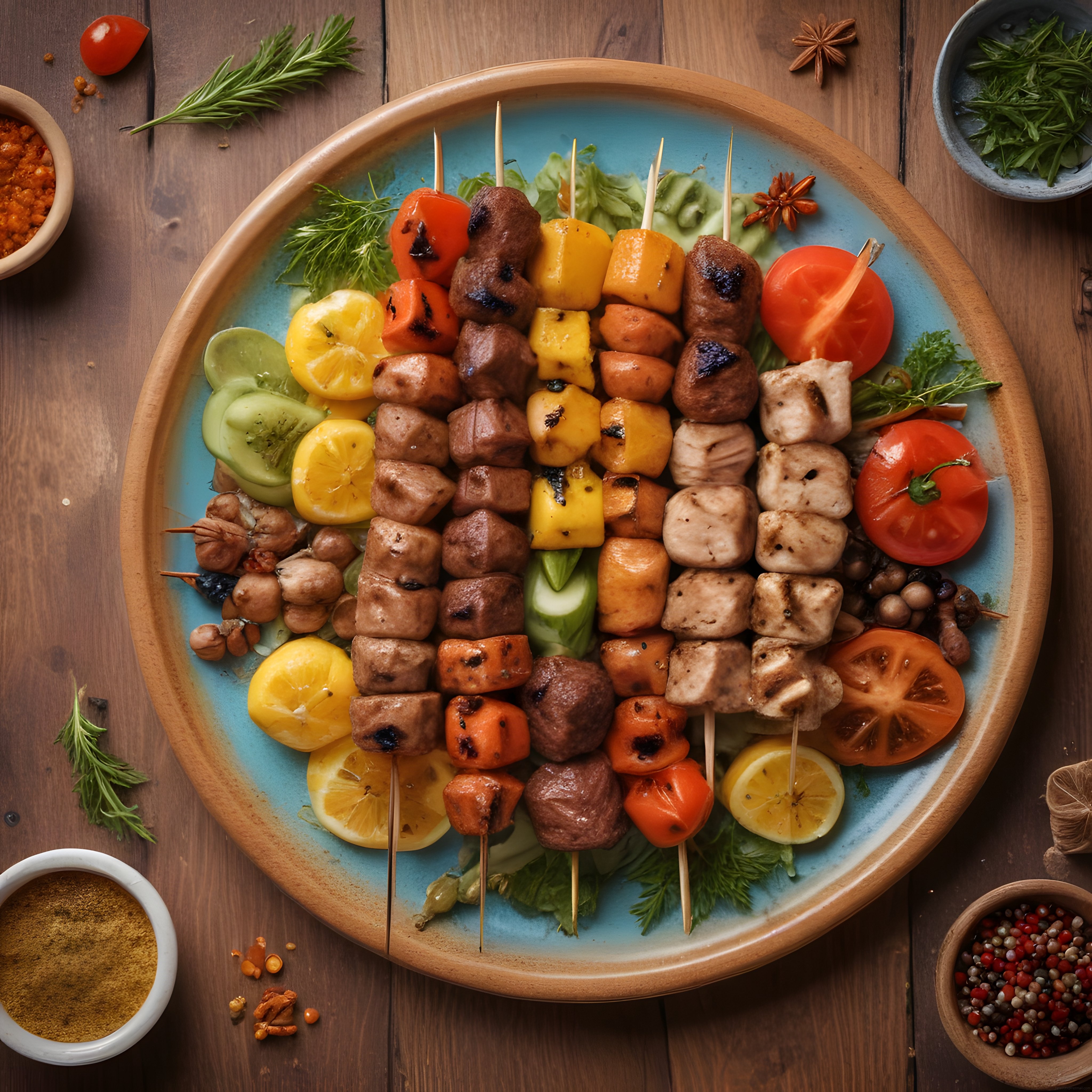 Ahşap Masada Baharatlar Eşliğinde Karışık Şiş Kebap ve Izgara Tabağı