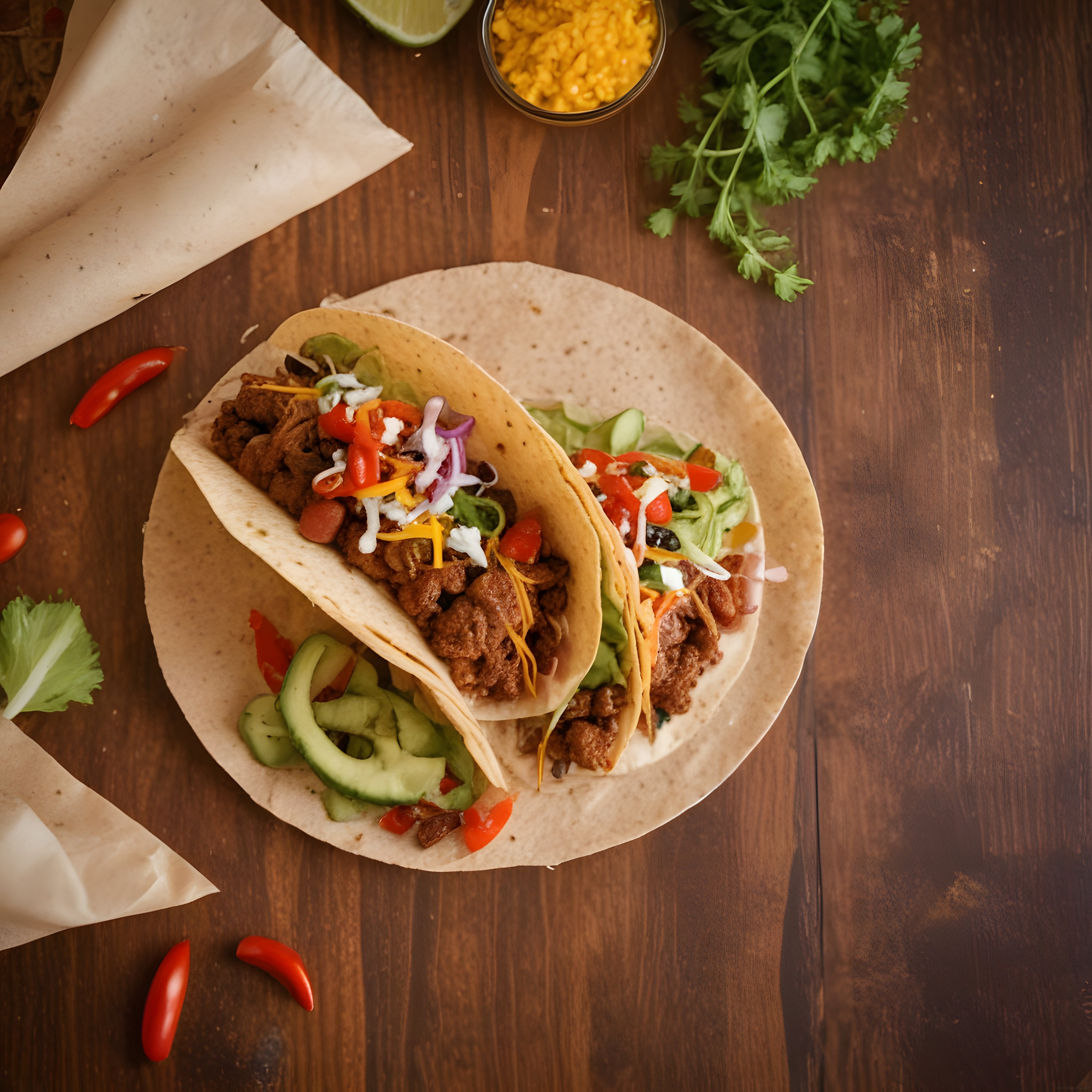Ahşap Masada Baharatlı Et Tacos: Meksika Lezzetinden Ev Yapımı Görsel Şölen