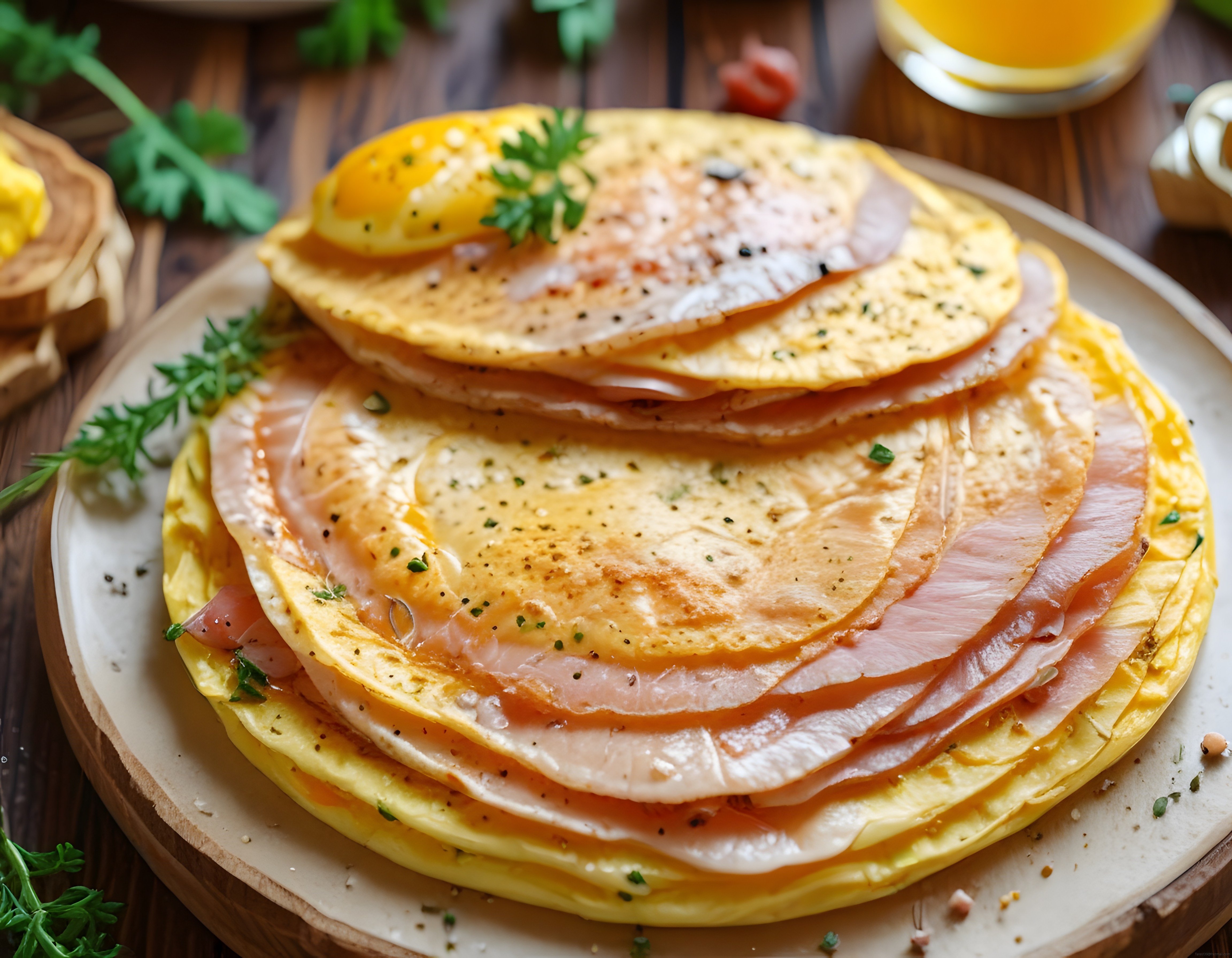 Ahşap Masada Baharatlı Jambonlu Omlet ve Maydanoz ile Sıcacık Kahvaltı
