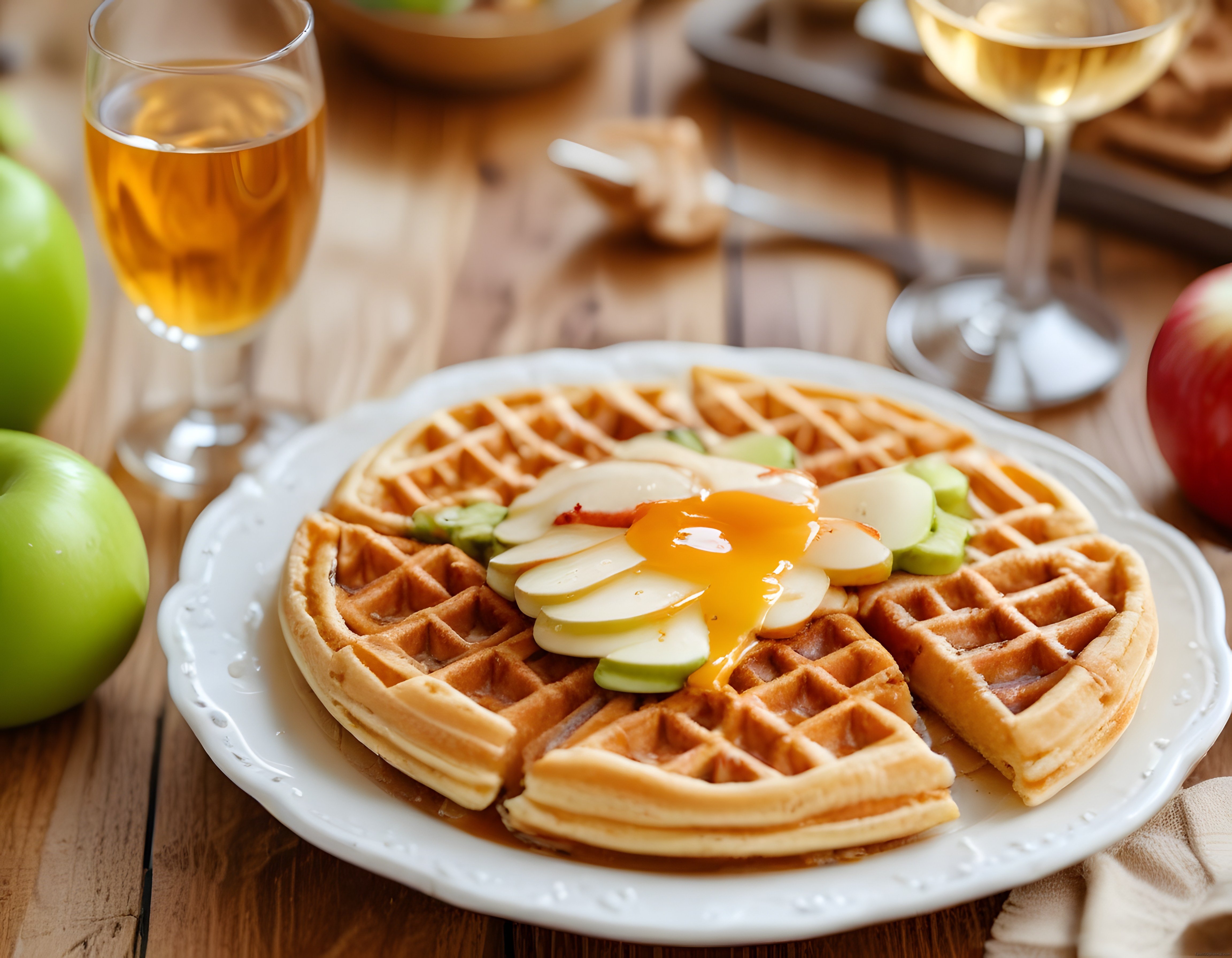 Ahşap Masada Ballı Elmalı Çıtır Waffle ve Taze Meyve Suyu ile Kahvaltı