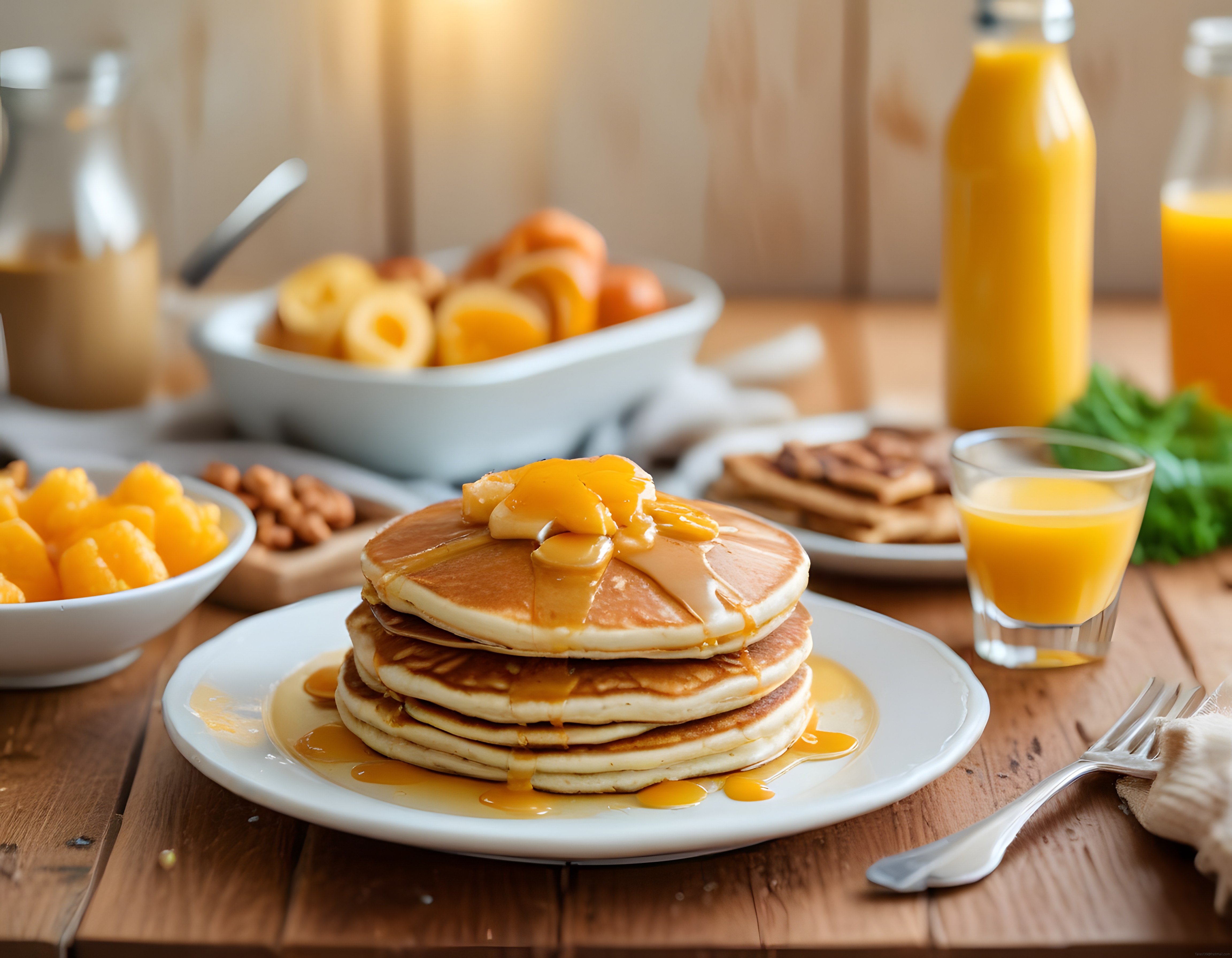 Ahşap Masada Ballı Pancake, Taze Meyveler ve Portakal Suyu Kahvaltısı