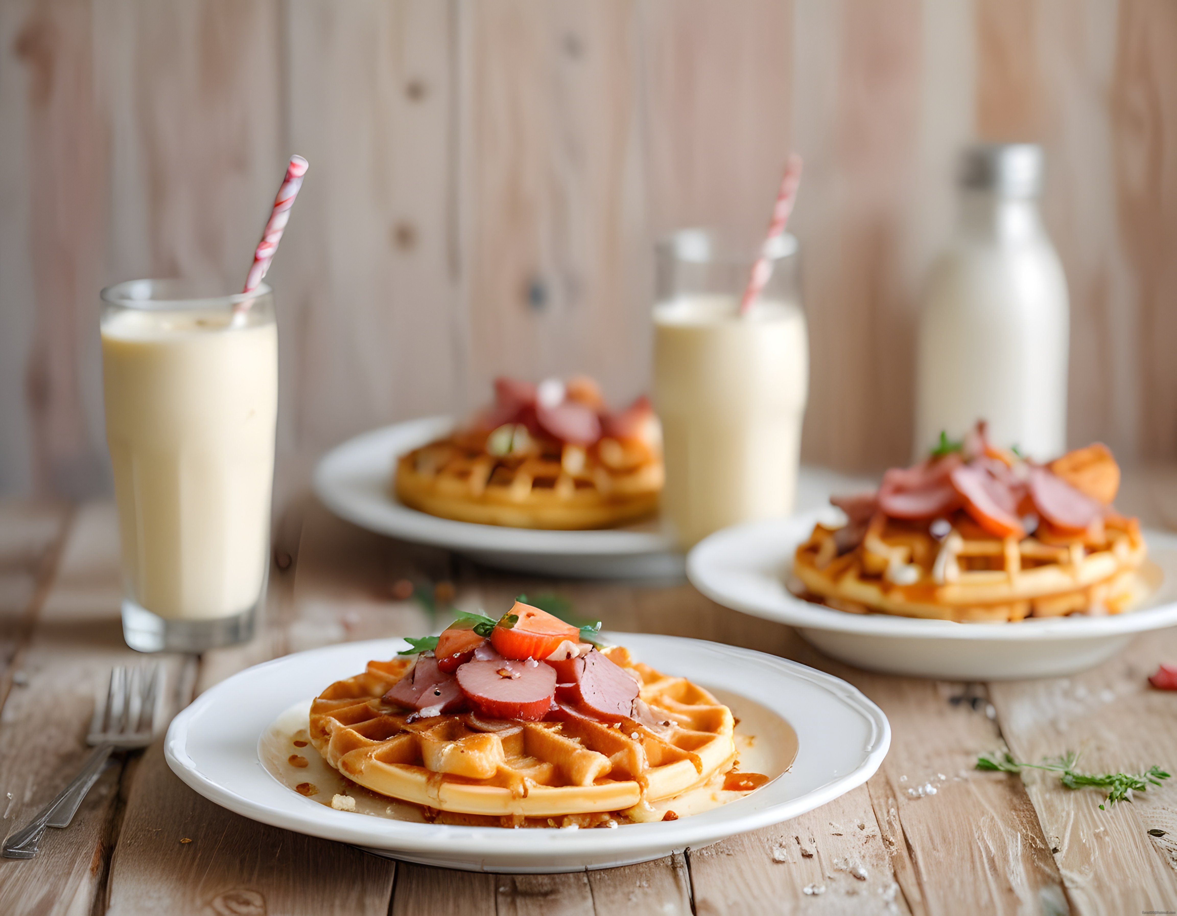 Ahşap Masada Ballı ve Jambonlu Waffle ile Sıcak Kahvaltı Keyfi