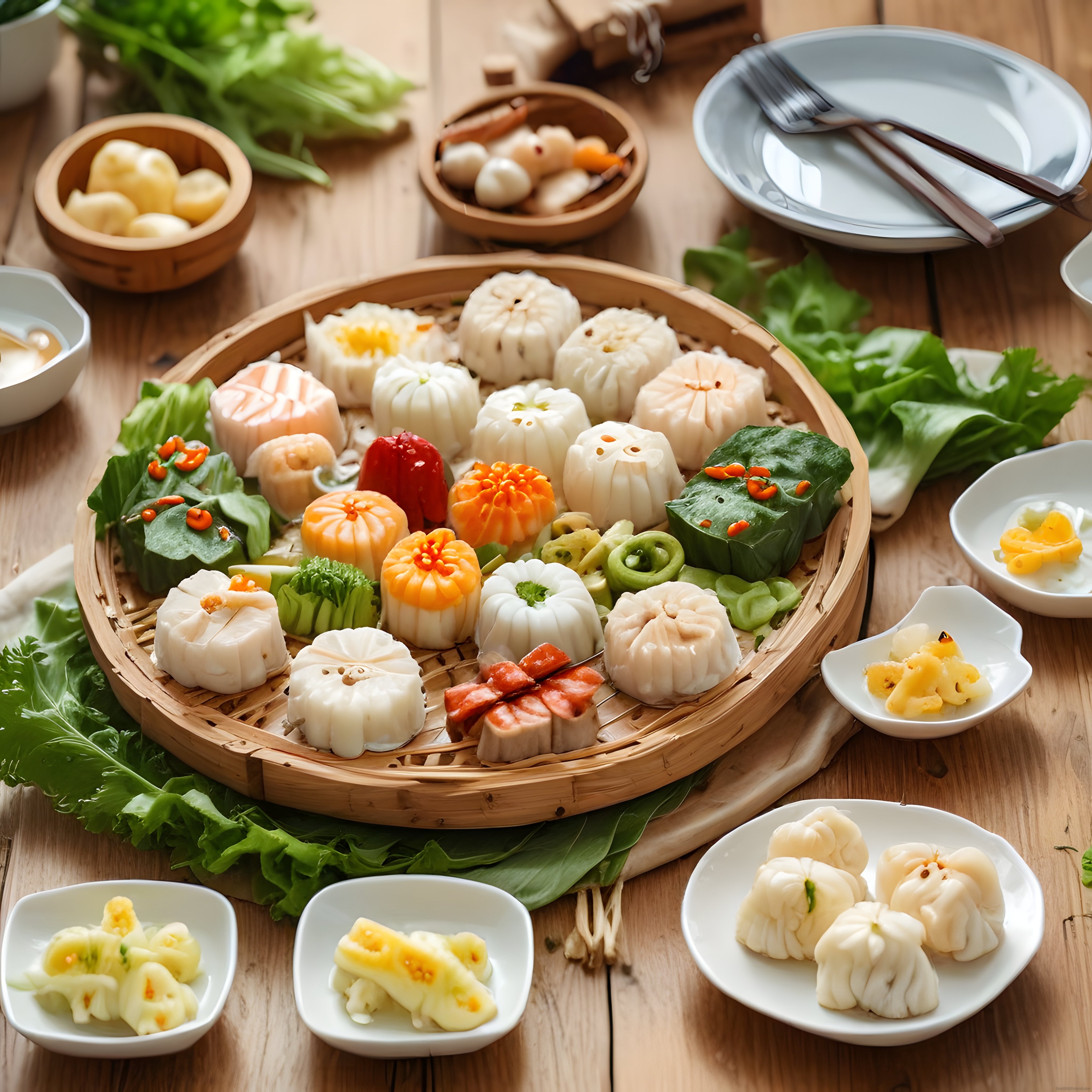 Ahşap Masada Bambu Sepetinde Renkli Dim Sum ve Çin Mantı Çeşitleri Sunumu