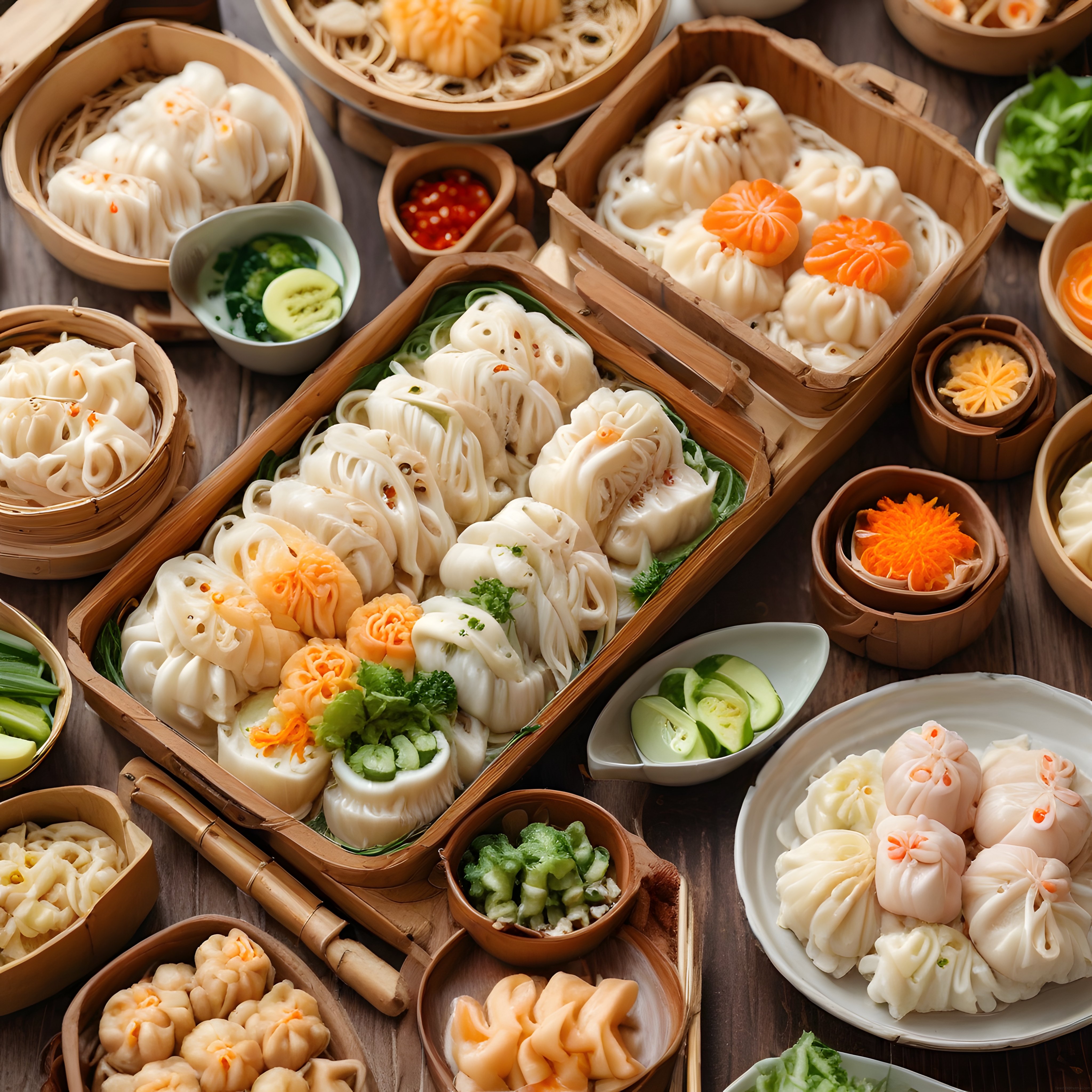 Ahşap Masada Bambu Sepetlerde Çeşitli Dim Sum ve Uzakdoğu Tatları