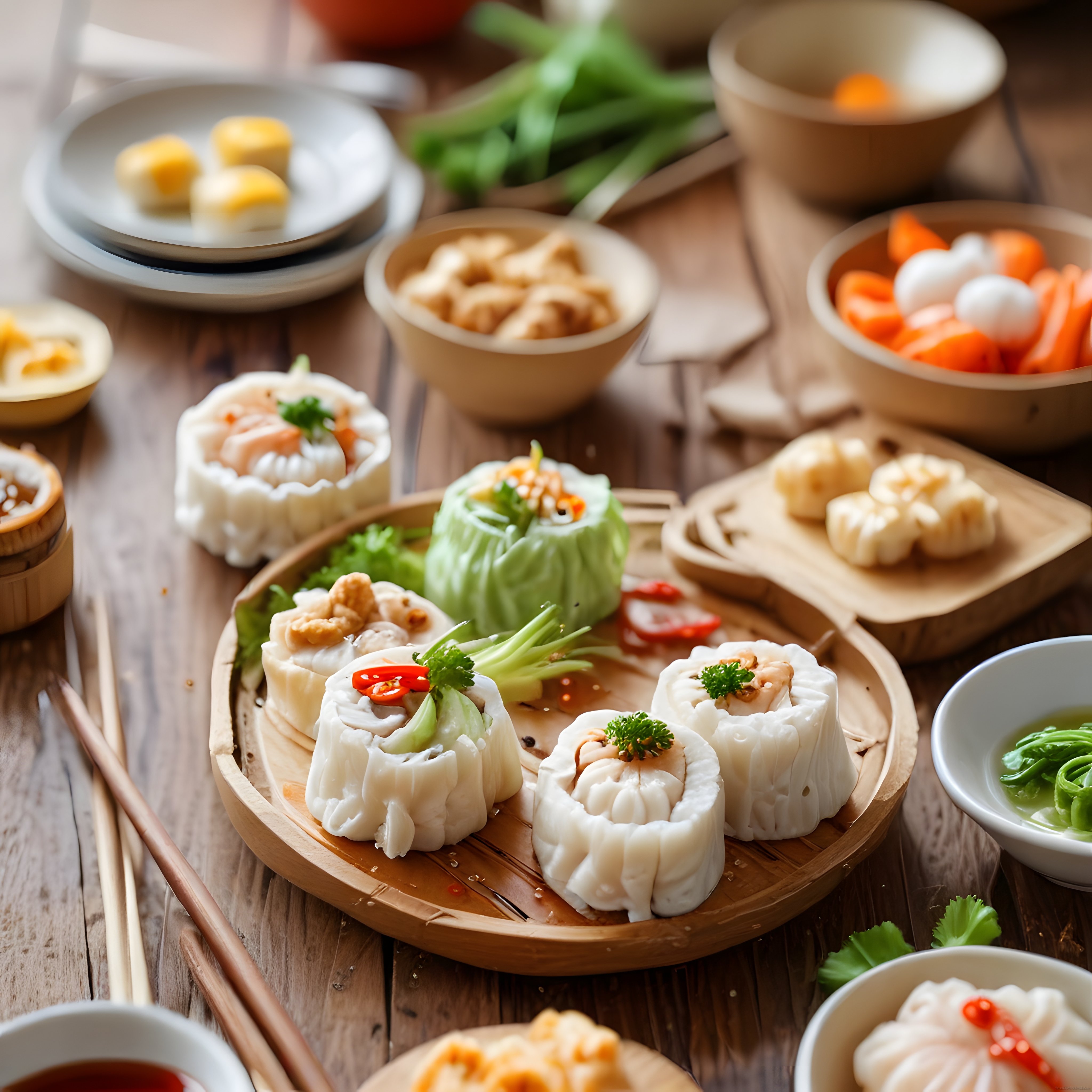 Ahşap Masada Bambu Sepetlerle Sunulan Geleneksel Asya Dim Sum Çeşitleri