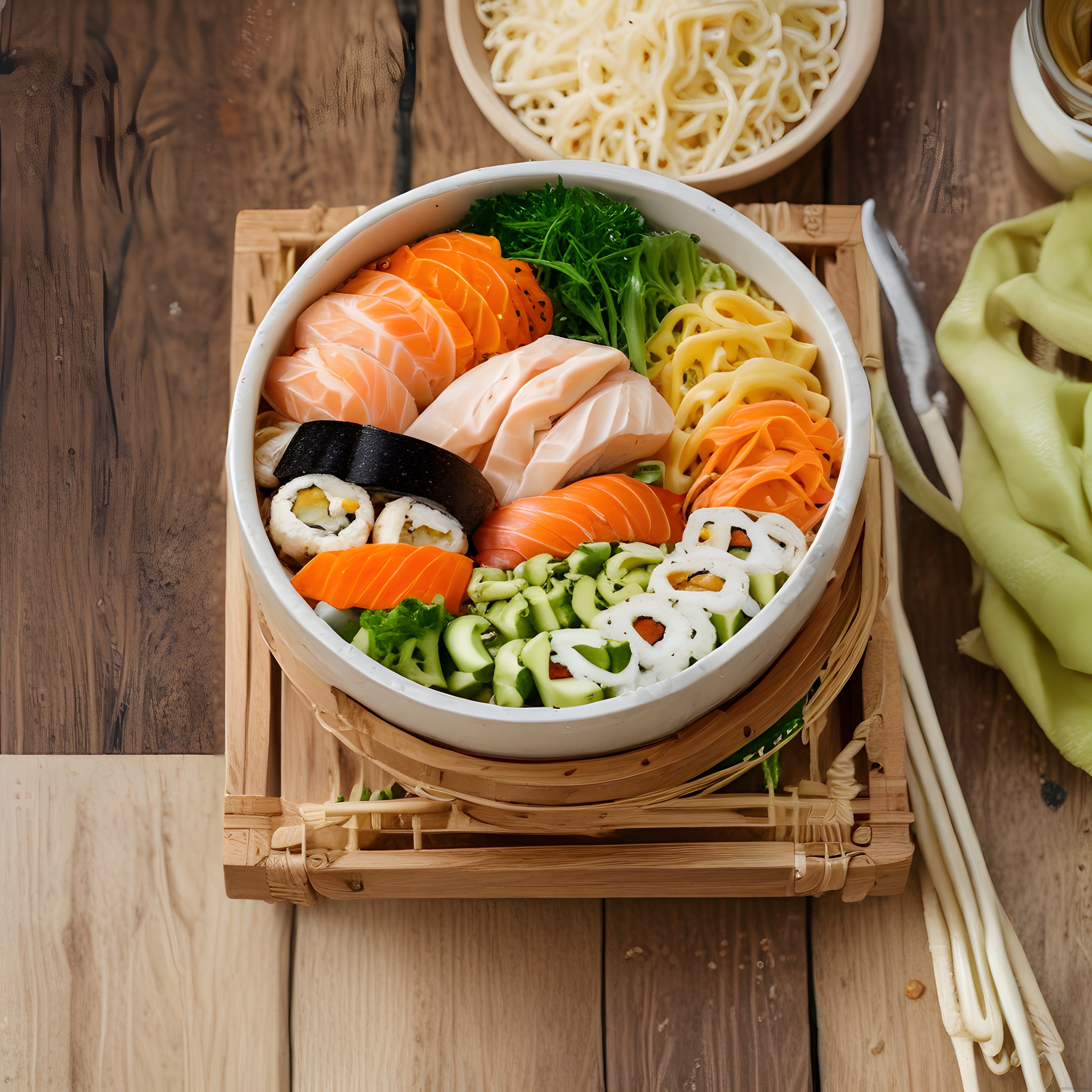 Ahşap Masada Bambu Tepsi Üzerinde Renkli Sushi ve Sashimi Sunumu