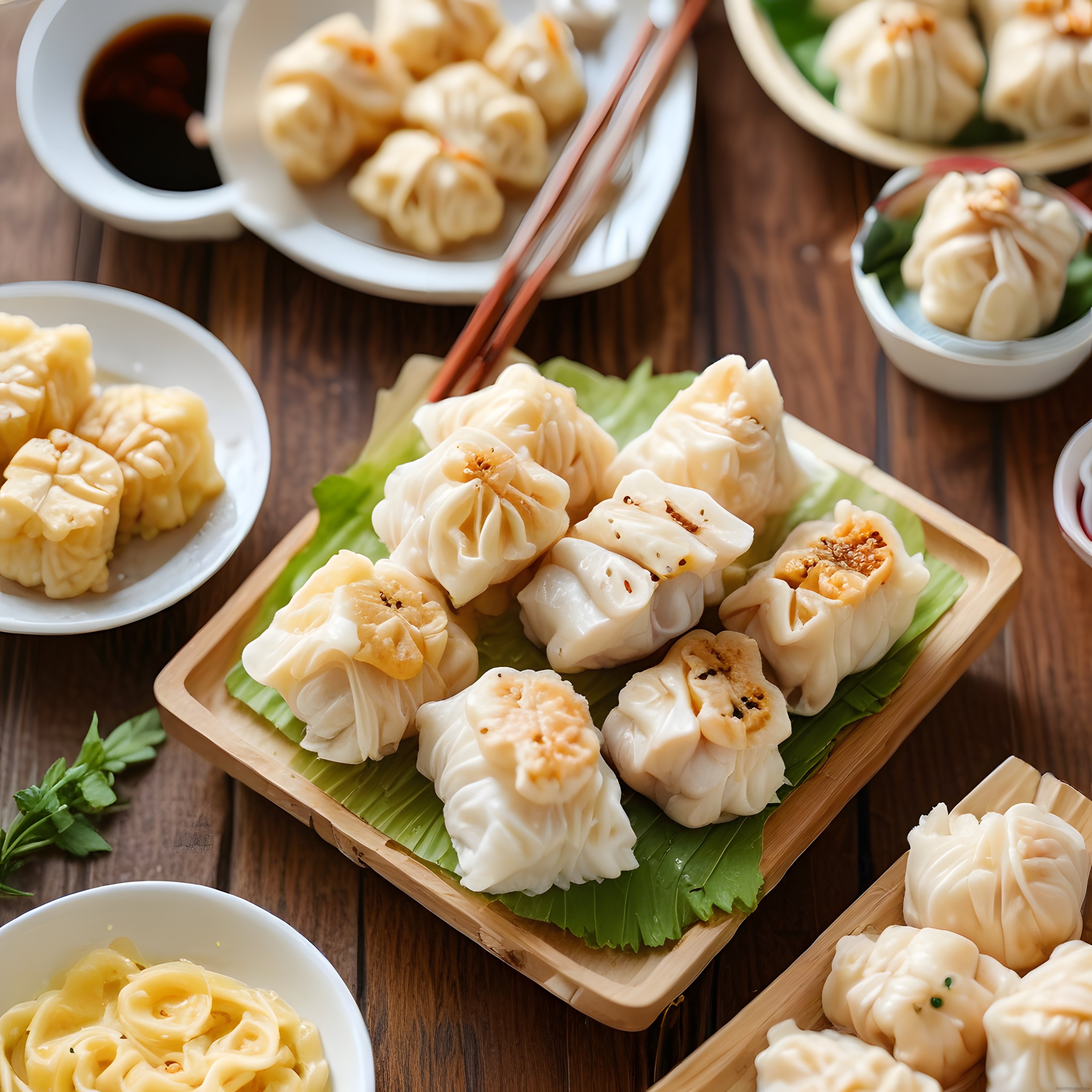 ahşap masada bambu tepside çeşitli buharda pişmiş asya mantıları ve dim sum