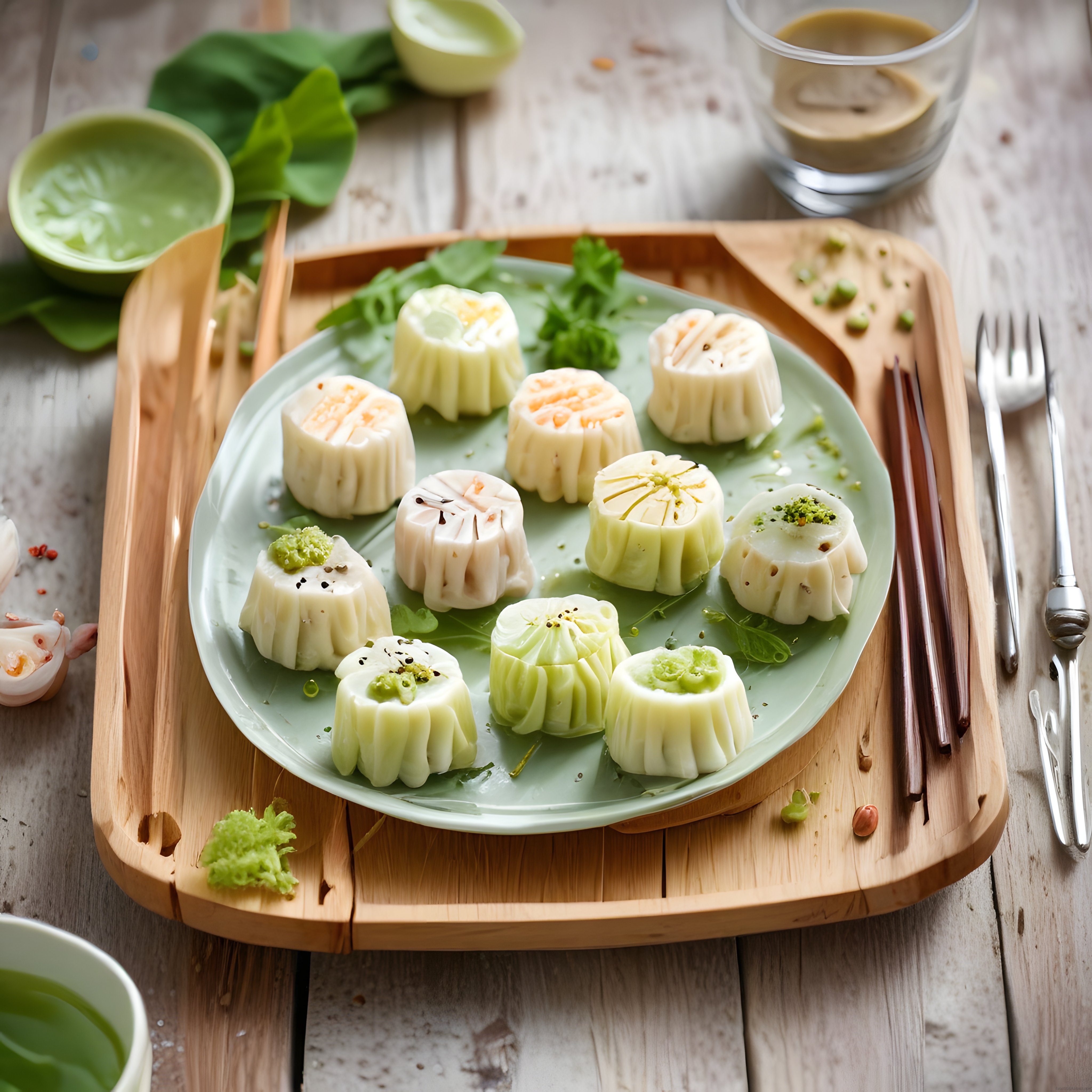 Ahşap Masada Bambu Tepside Sunulan Asya Usulü Dumpling ve Özel Soslar