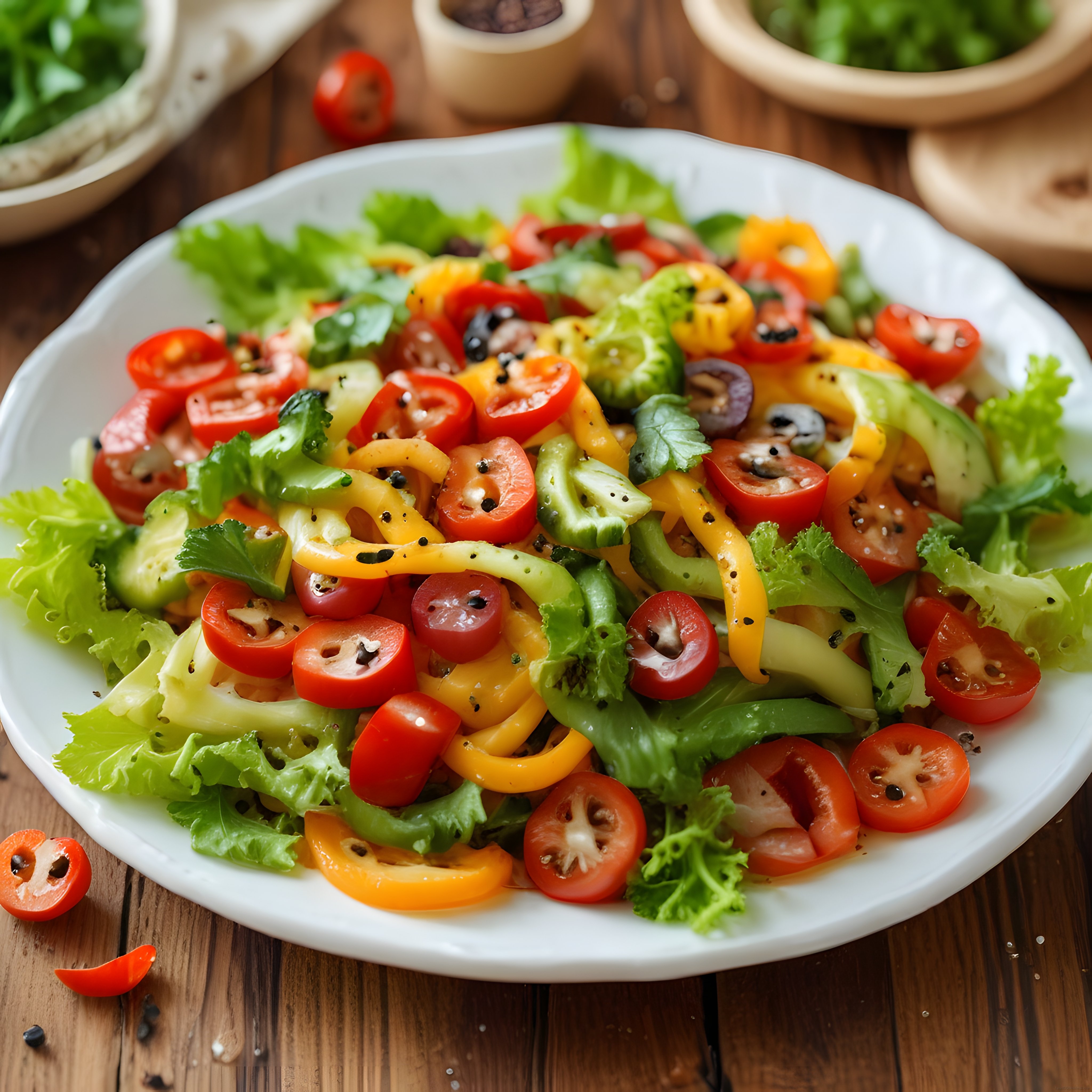 Ahşap Masada Beyaz Kapta Domatesli Biberli Taze Salata Sunumu