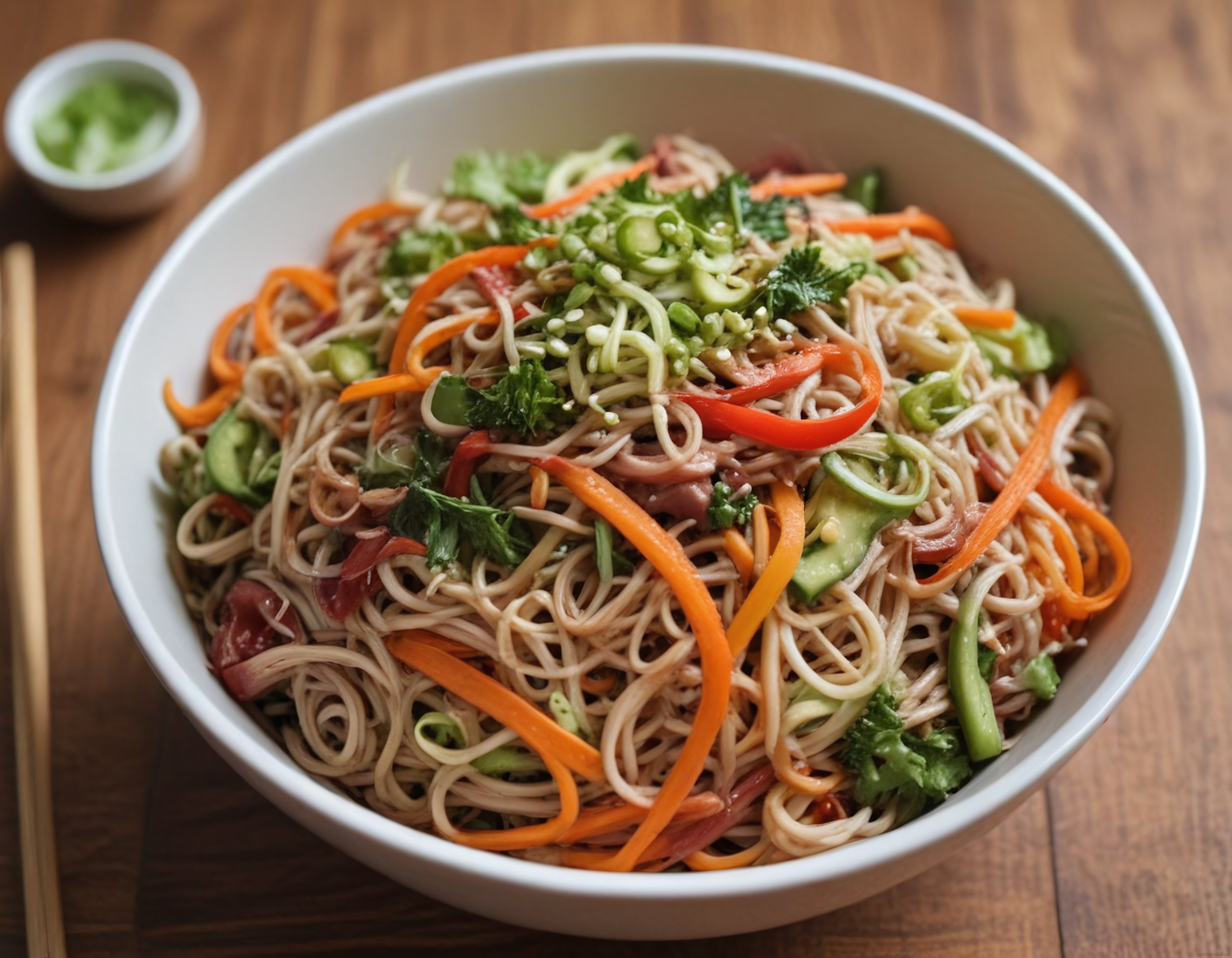 Ahşap Masada Beyaz Kapta Renkli Sebzeli Asya Usulü Noodle Salatası