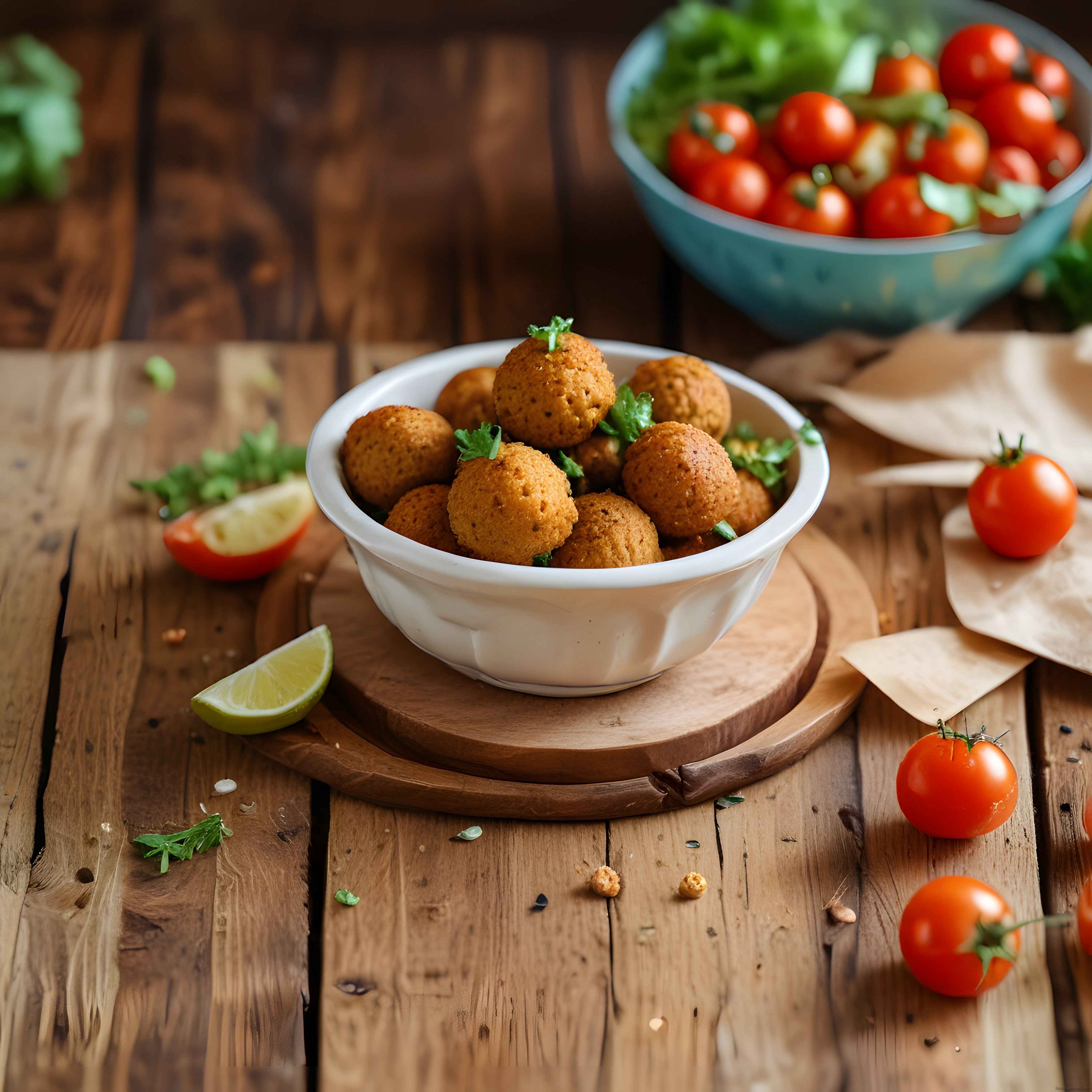 Ahşap Masada Beyaz Kasede Altın Rengi Falafel Topları ve Taze Yeşillikler