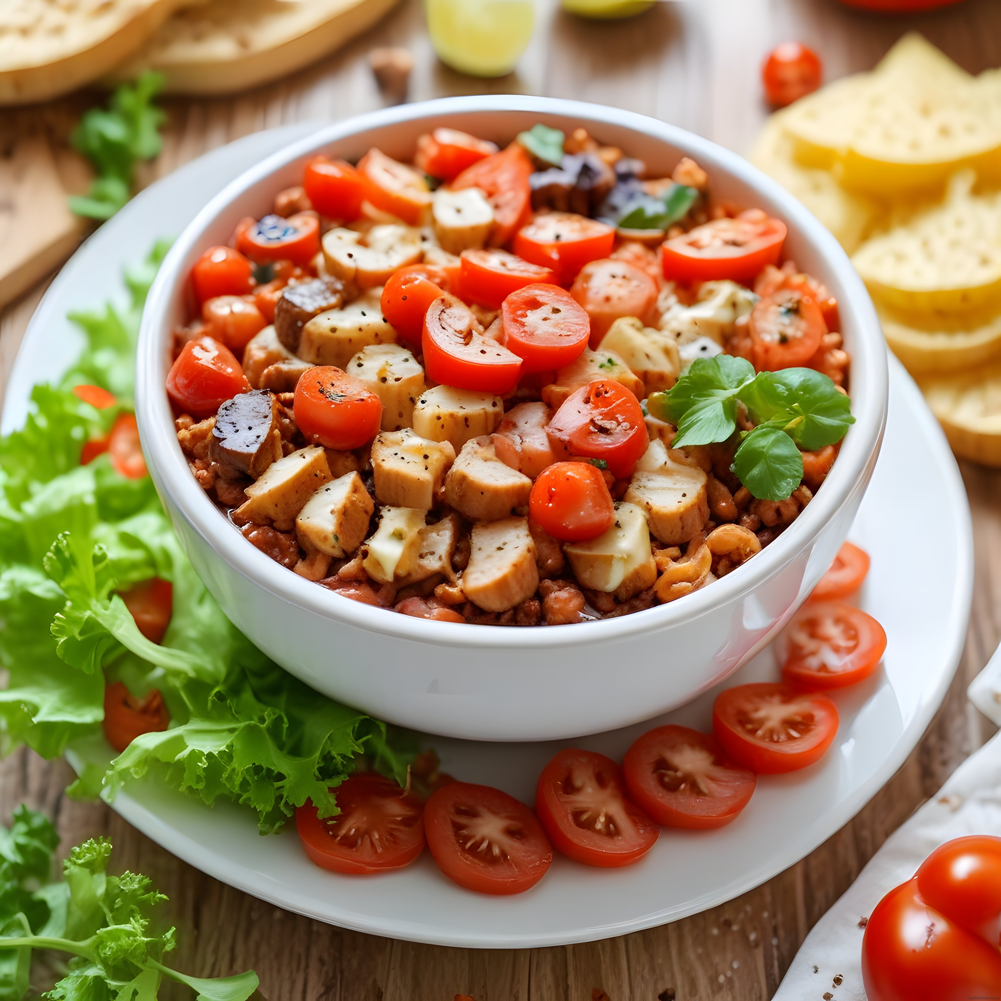Ahşap Masada Beyaz Kasede Domatesli Mantarlı Tavuklu Nefis Yemek
