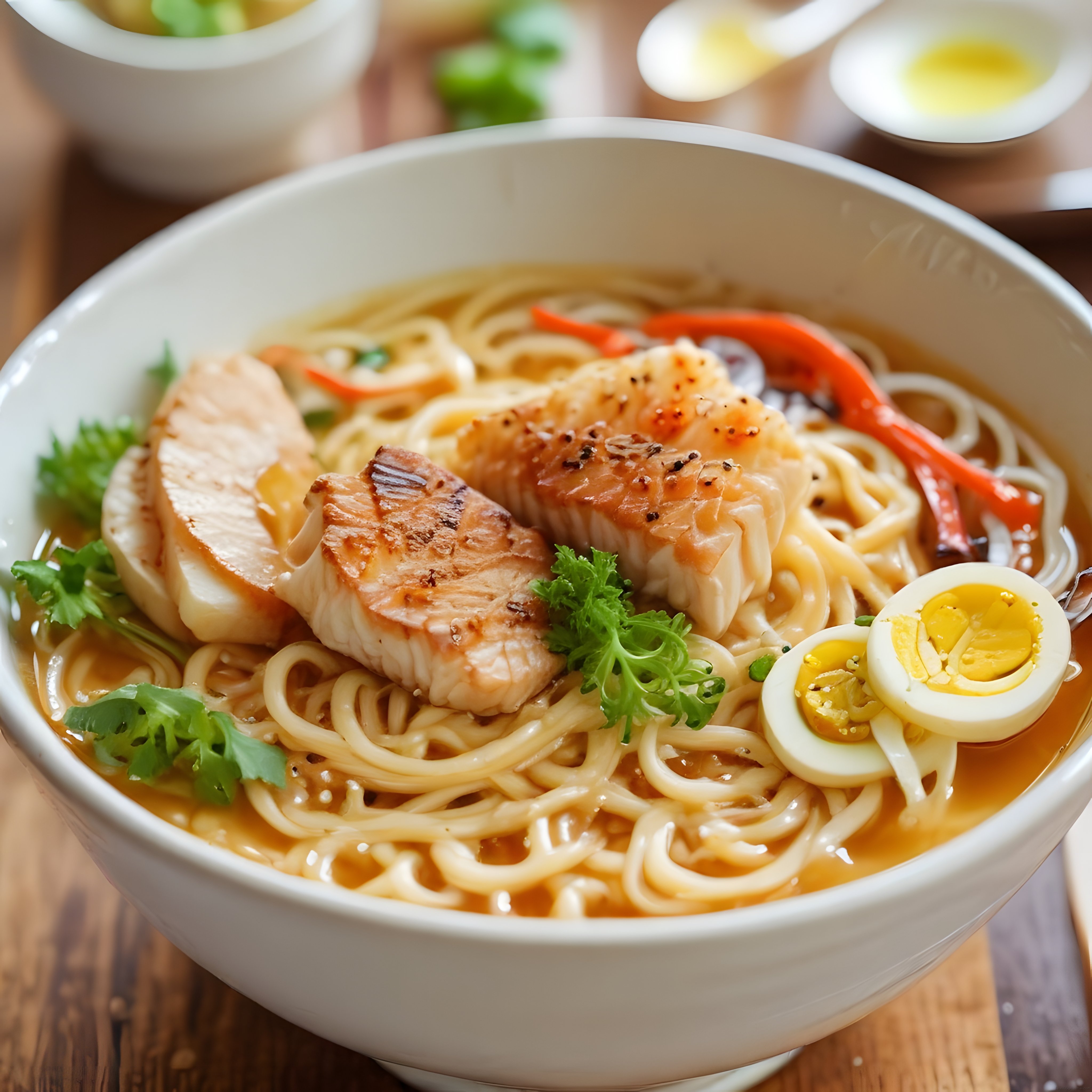Ahşap masada beyaz kasede tavuklu ve haşlanmış yumurtalı sıcak ramen çorbası