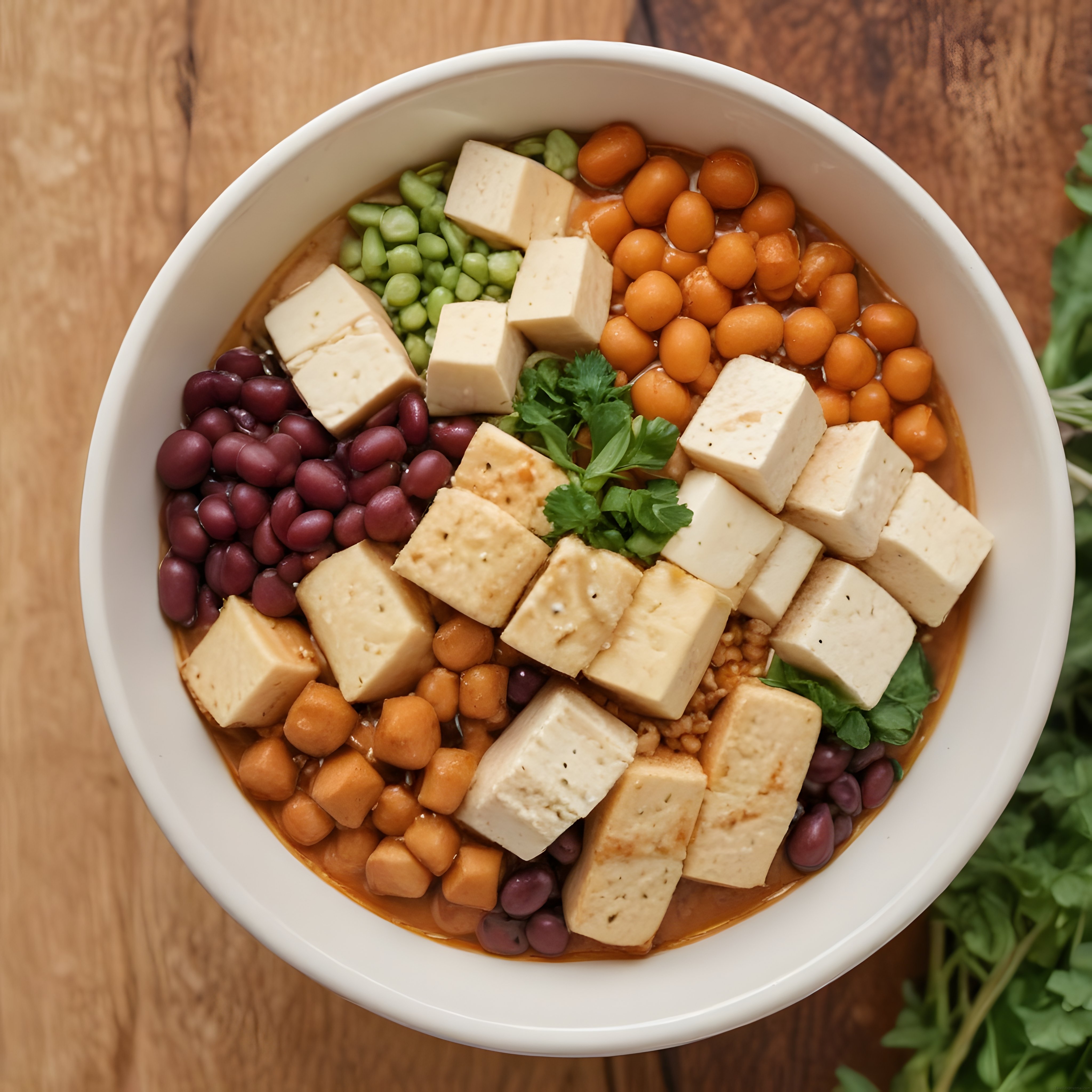 ahşap masada beyaz kasede tofu nohut ve fasulyeli vegan protein kasesi