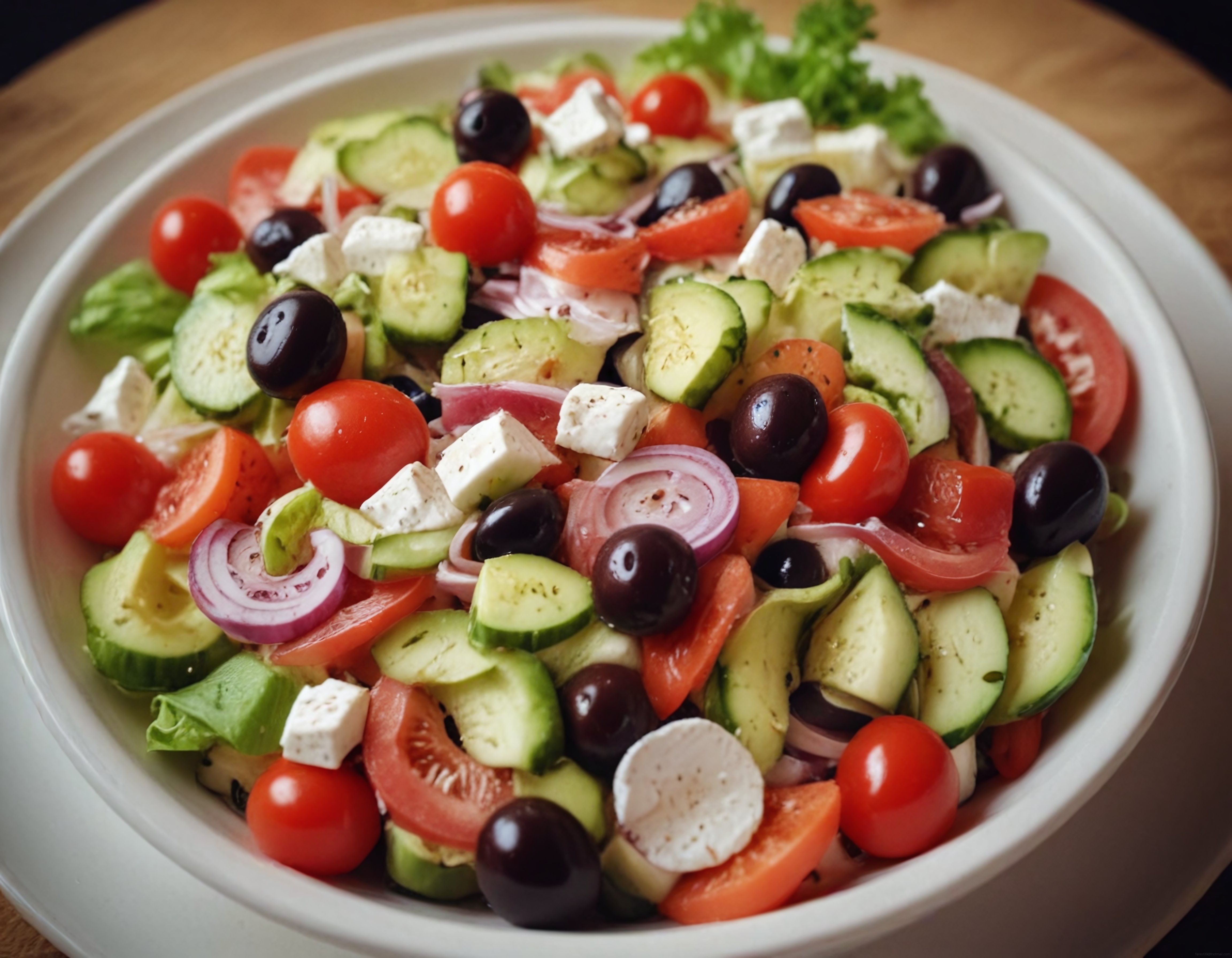 ahşap masada beyaz kasede yunan salatası domates salatalık zeytin ve feta peyniri