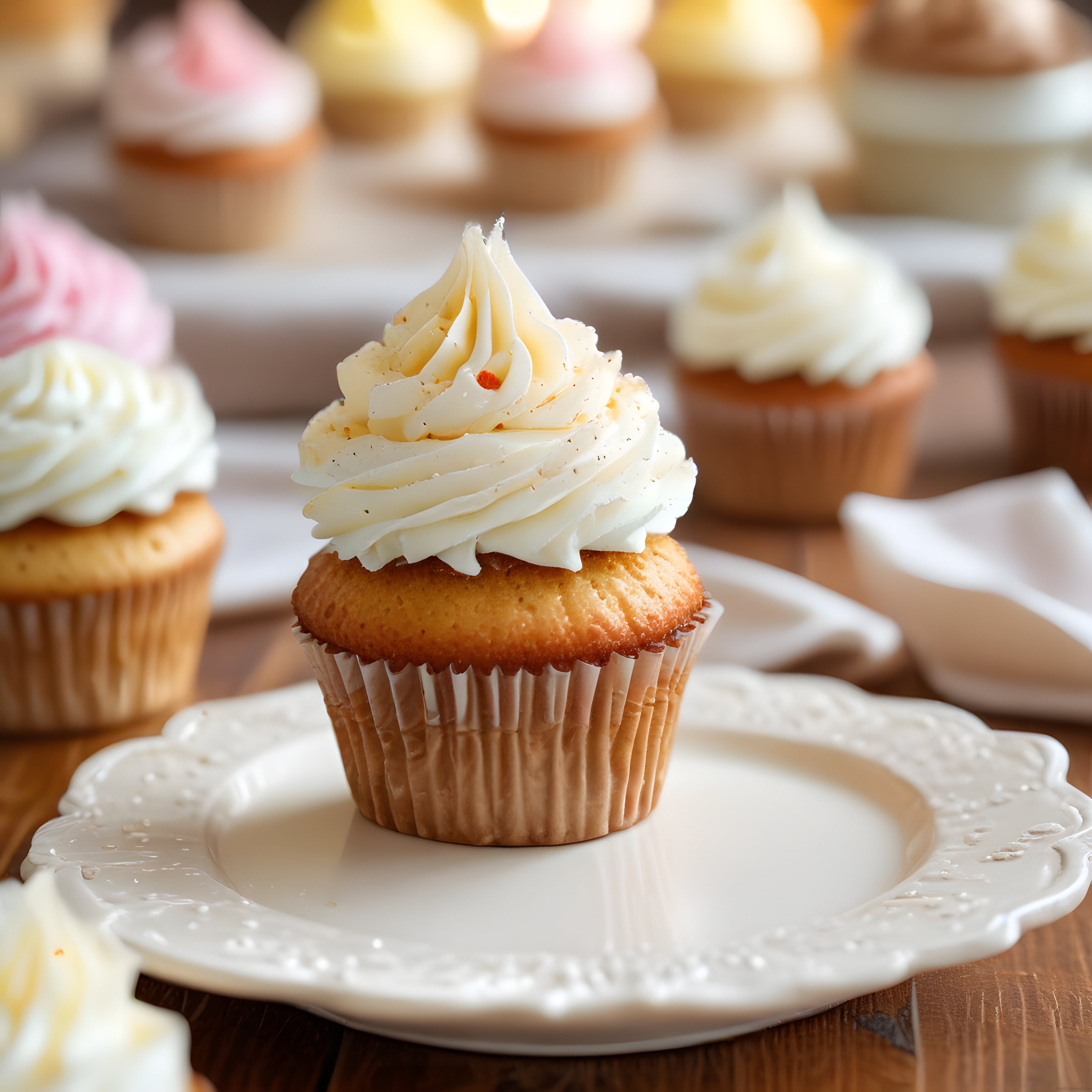 Ahşap Masada Beyaz Krema Süslü Ev Yapımı Cupcake ve Şık Pastane Sunumu