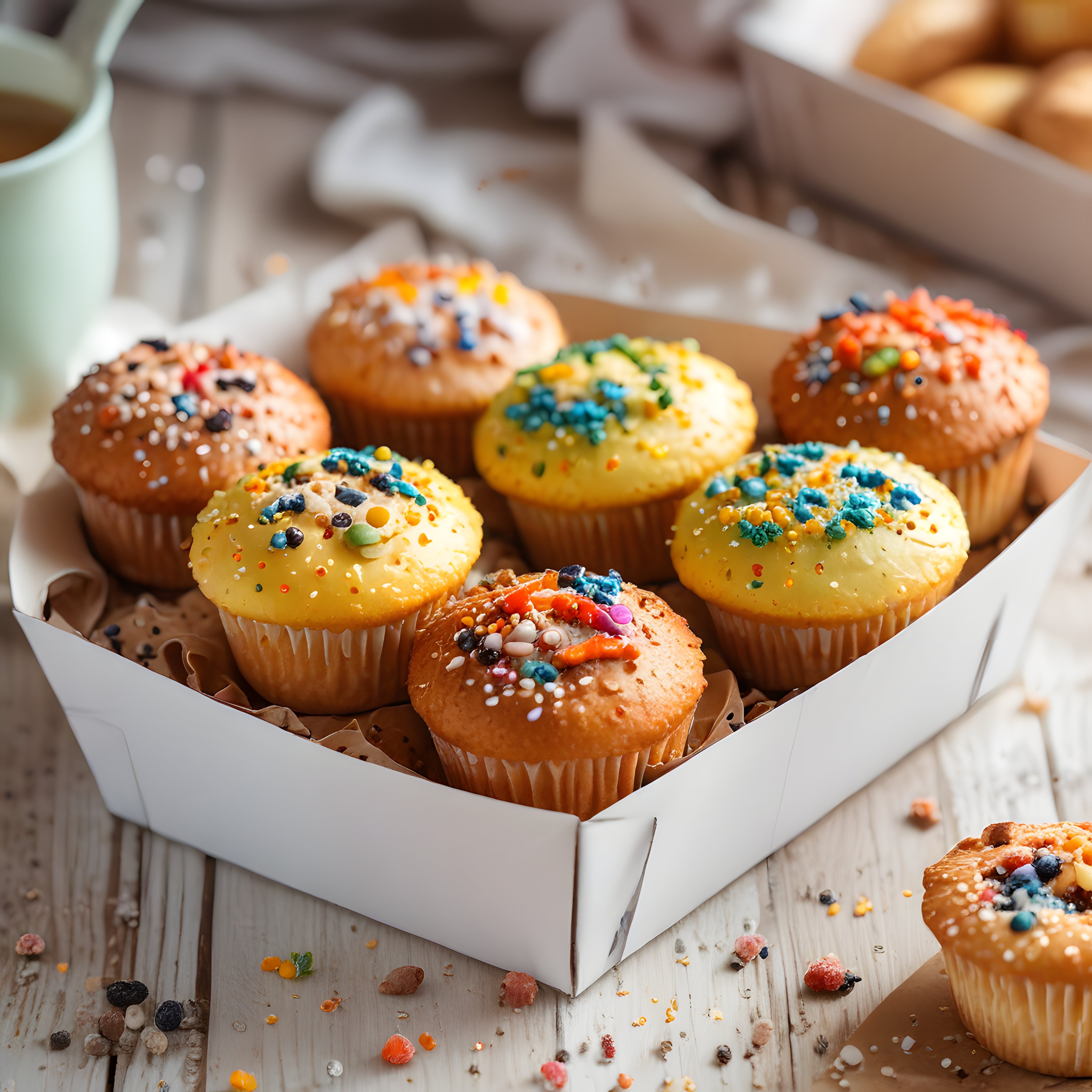 Ahşap Masada Beyaz Kutuda Renkli Kaplamalı Cupcakeler ve Şekerlemeli Muffinler