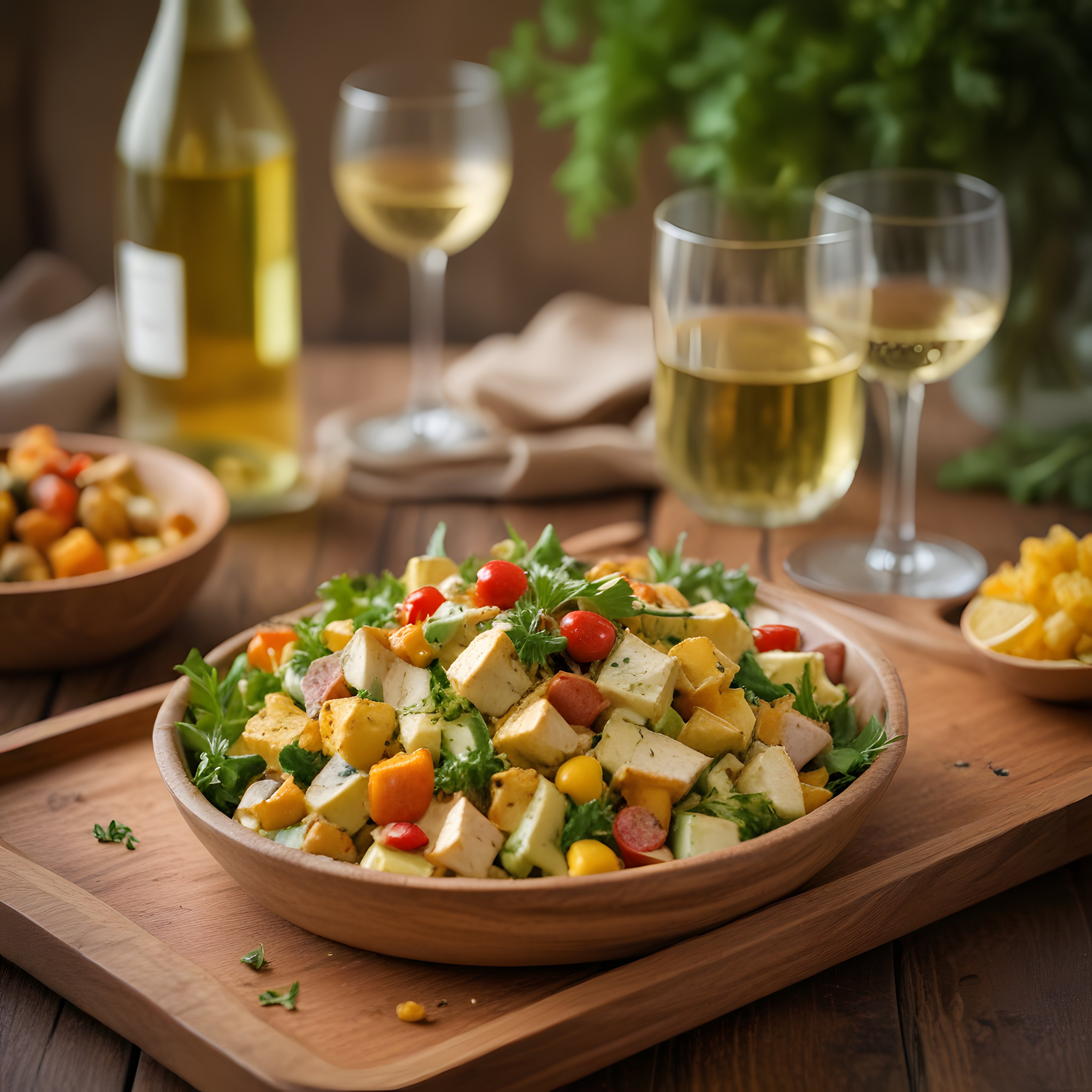 Ahşap Masada Beyaz Şarap Eşliğinde Bol Malzemeli Taze Salata Sunumu