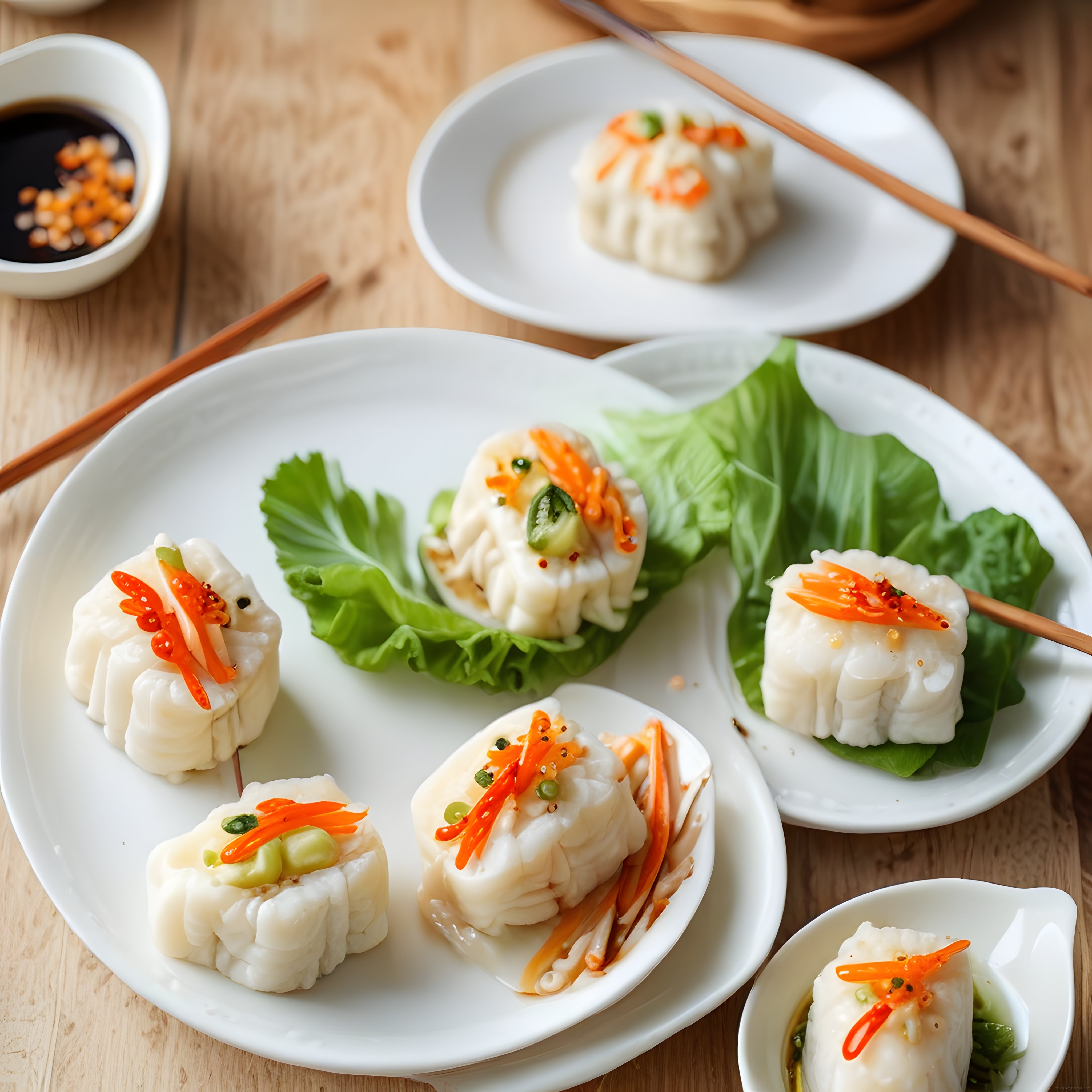 Ahşap Masada Beyaz Tabaklarda Sebzeli Dim Sum Mantı ve Soya Sosu Sunumu
