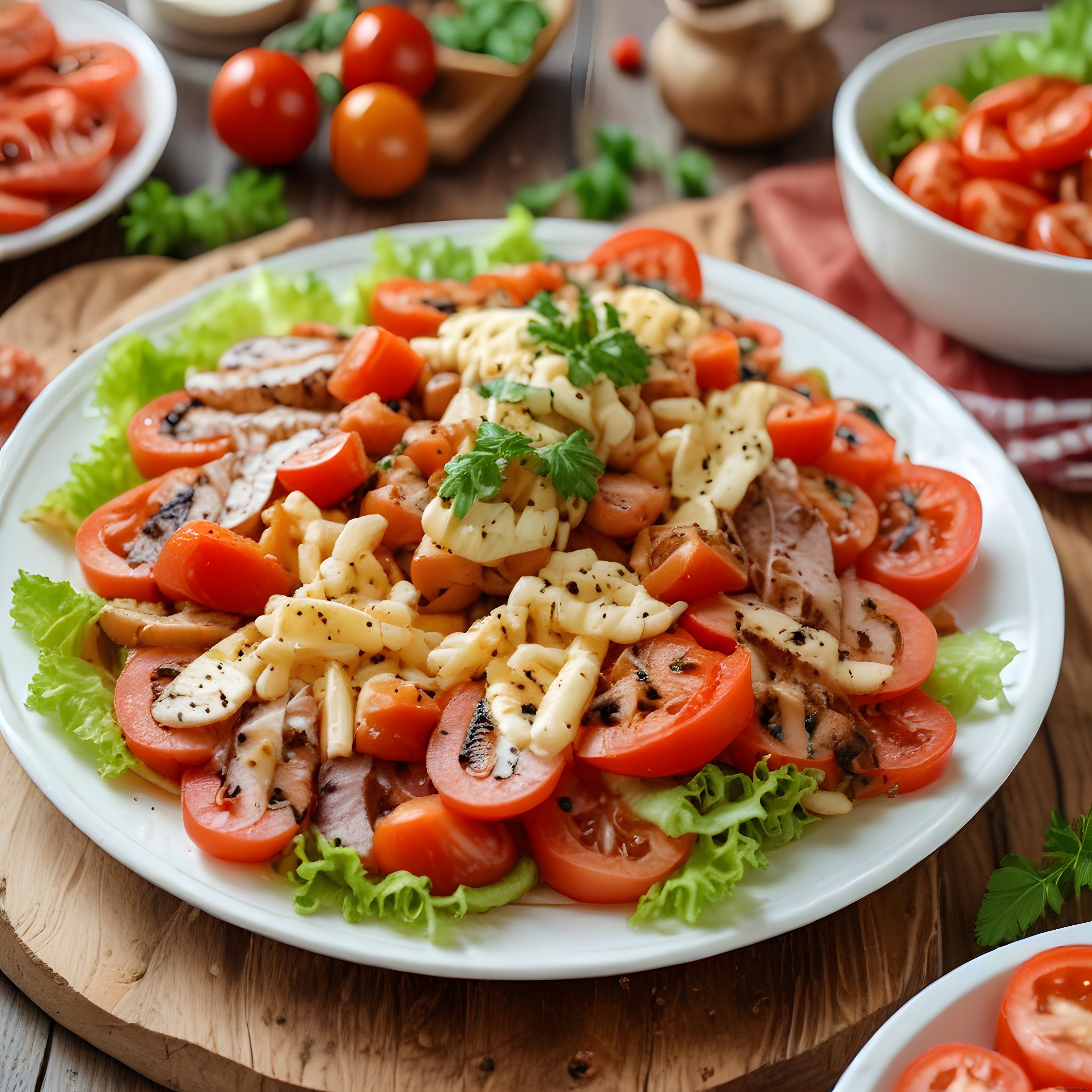 Ahşap Masada Beyaz Tabakta Domates Peynirli Taze Salata Sunumu