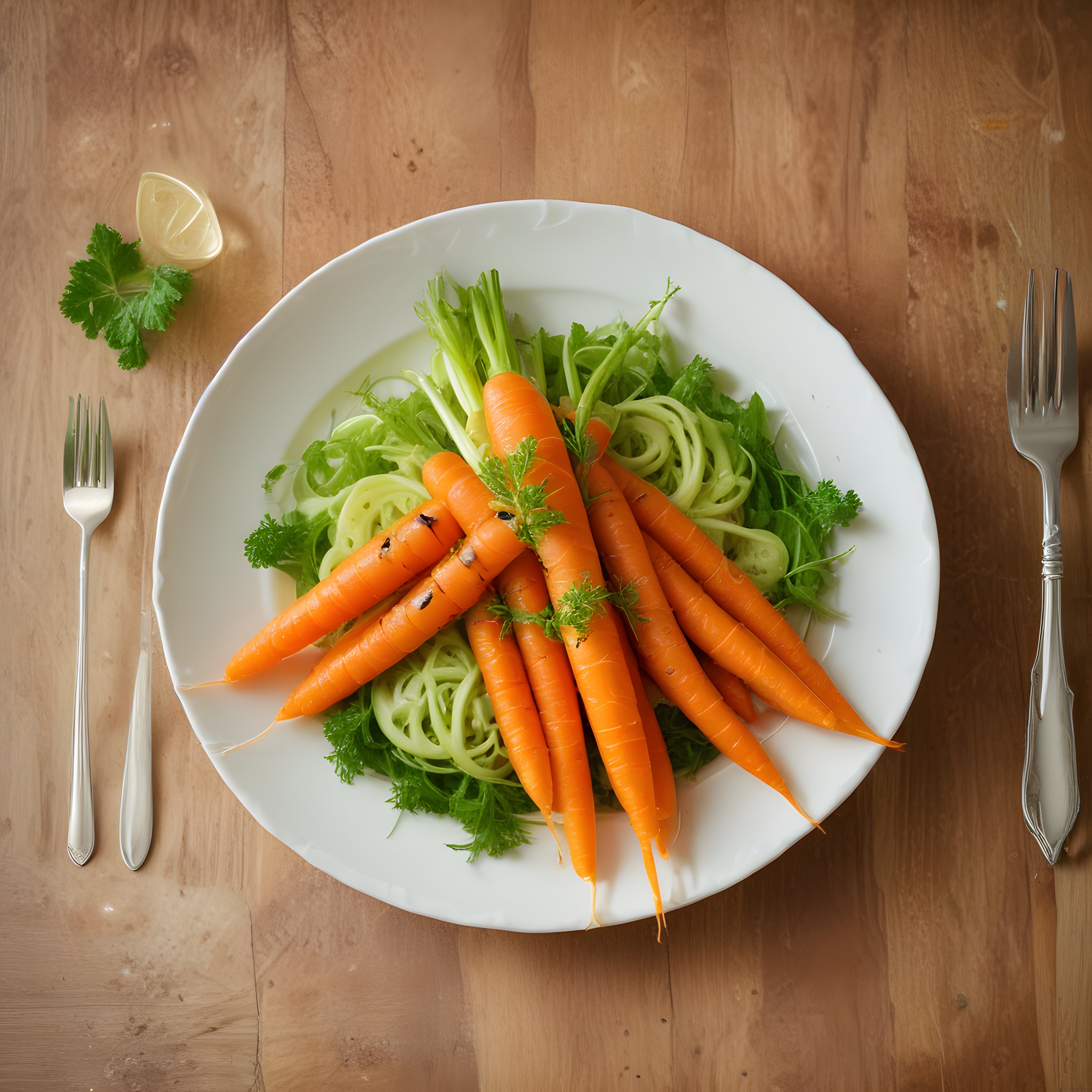 Ahşap Masada Beyaz Tabakta Havuç ve Salatalık Spagetti ile Vegan Sunum