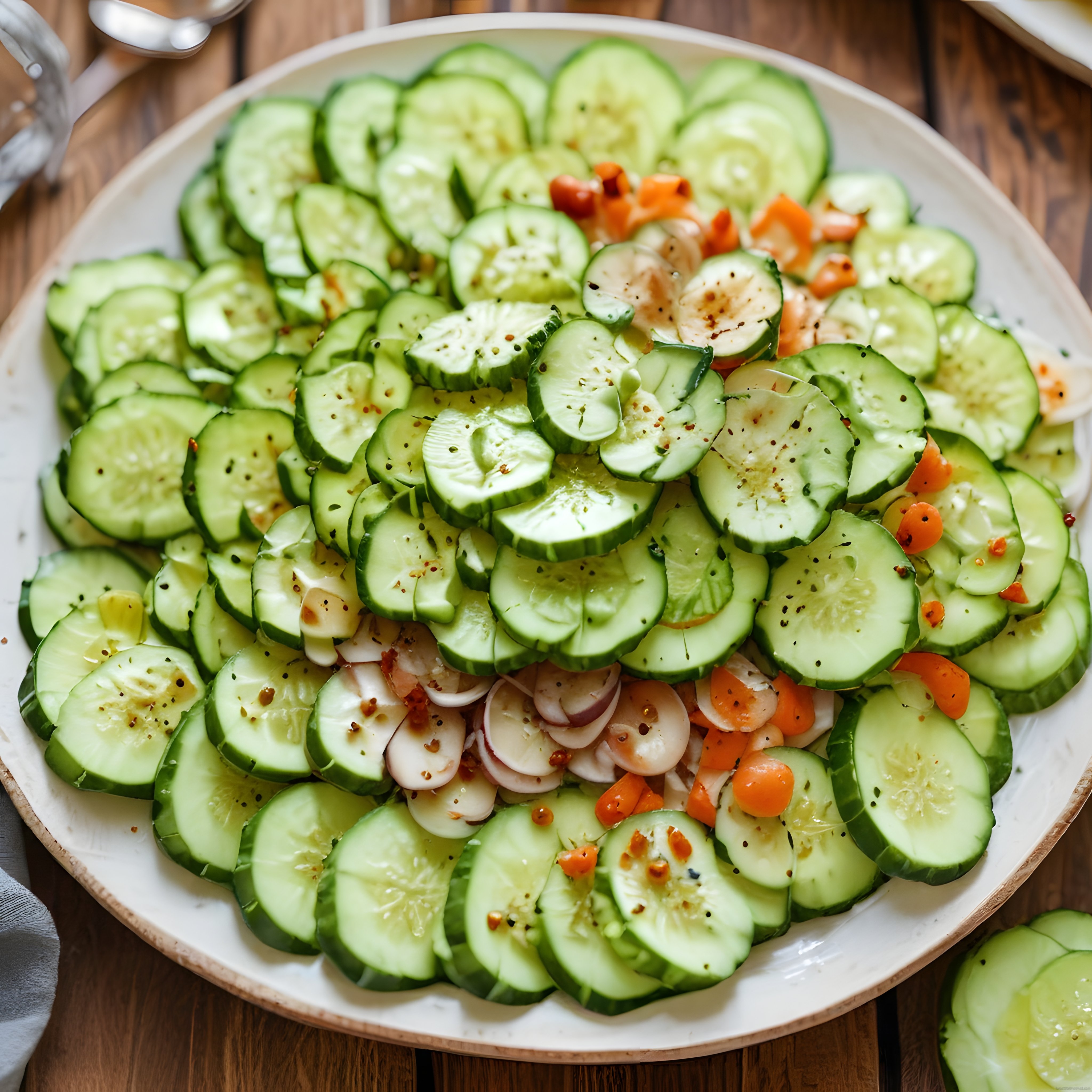 Ahşap Masada Beyaz Tabakta Salatalık Turp ve Havuçlu Hafif Yaz Salatası