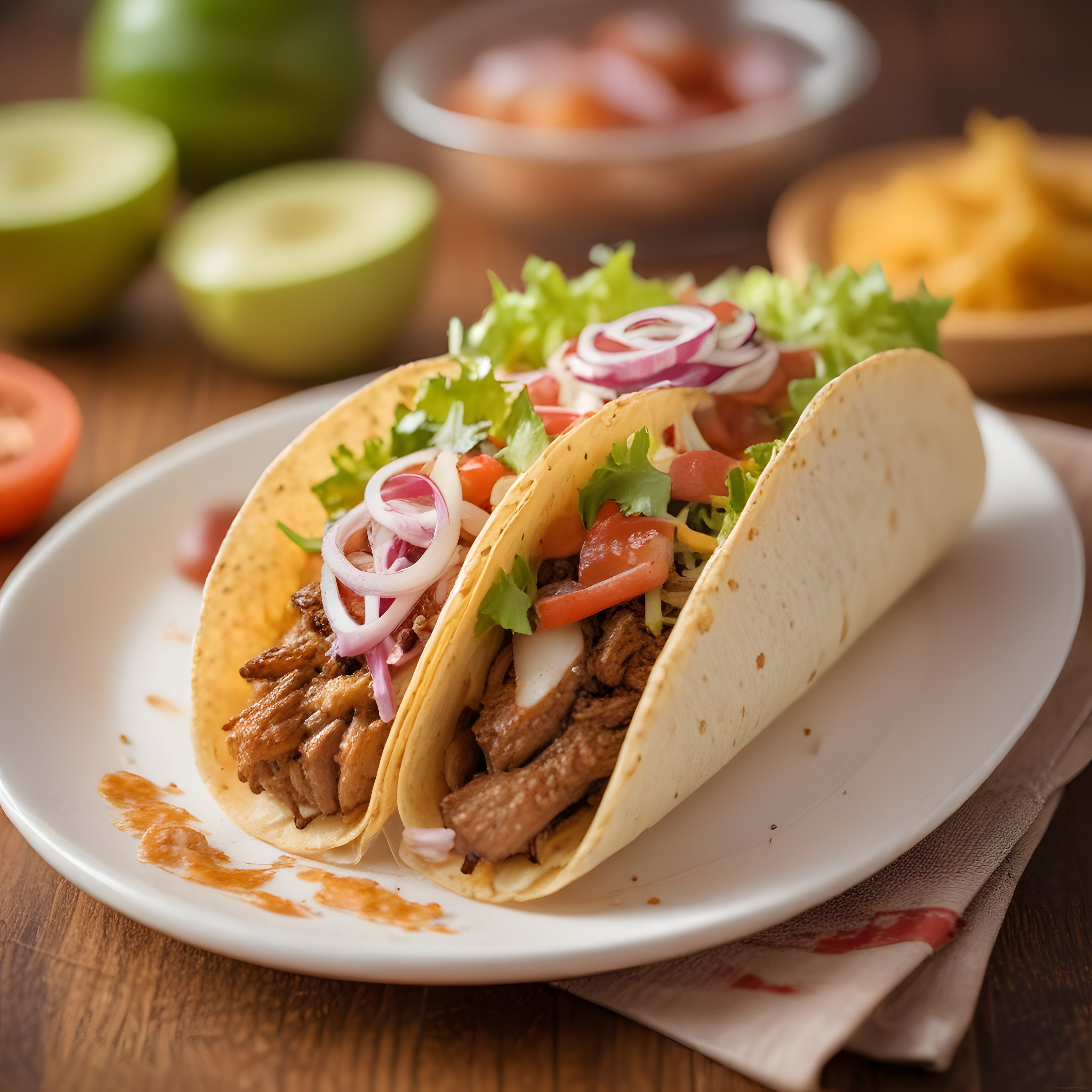 Ahşap Masada Beyaz Tabakta Servis Edilen Taze Sebzeli Etli Meksika Taco