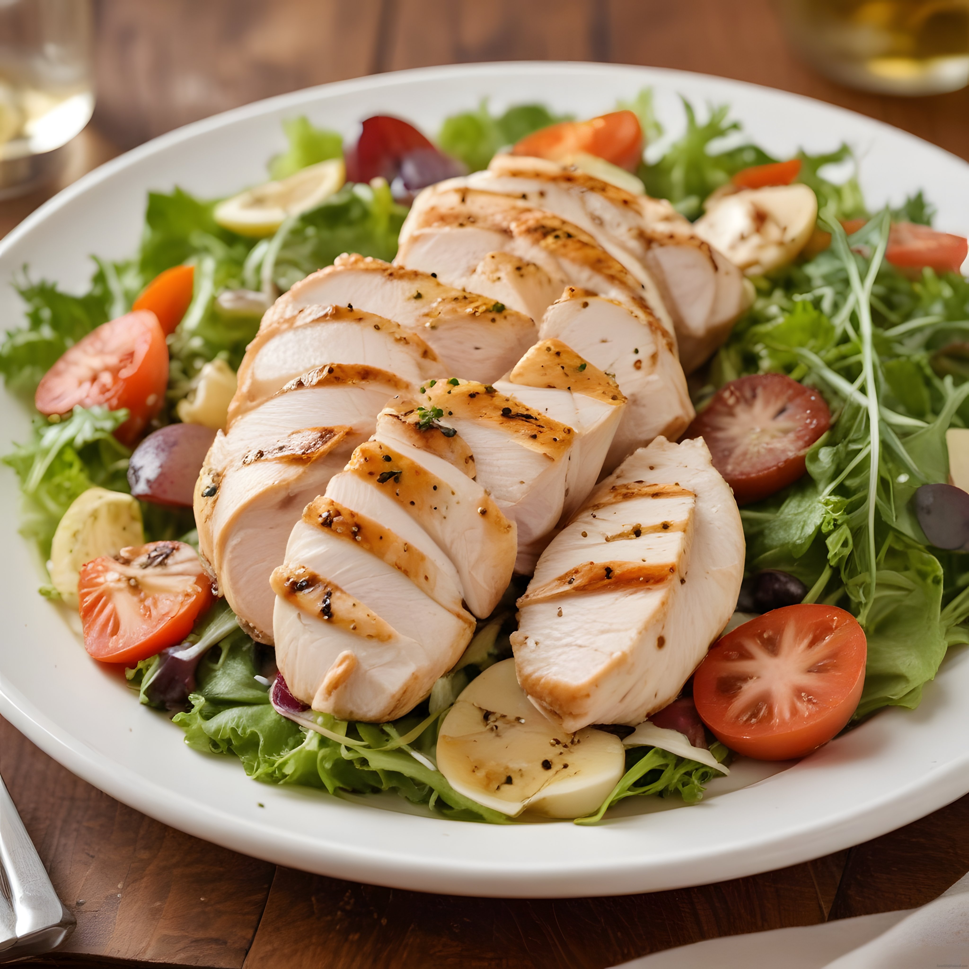 Ahşap Masada Beyaz Tabakta Sunulan Izgara Tavuklu Akdeniz Salatası