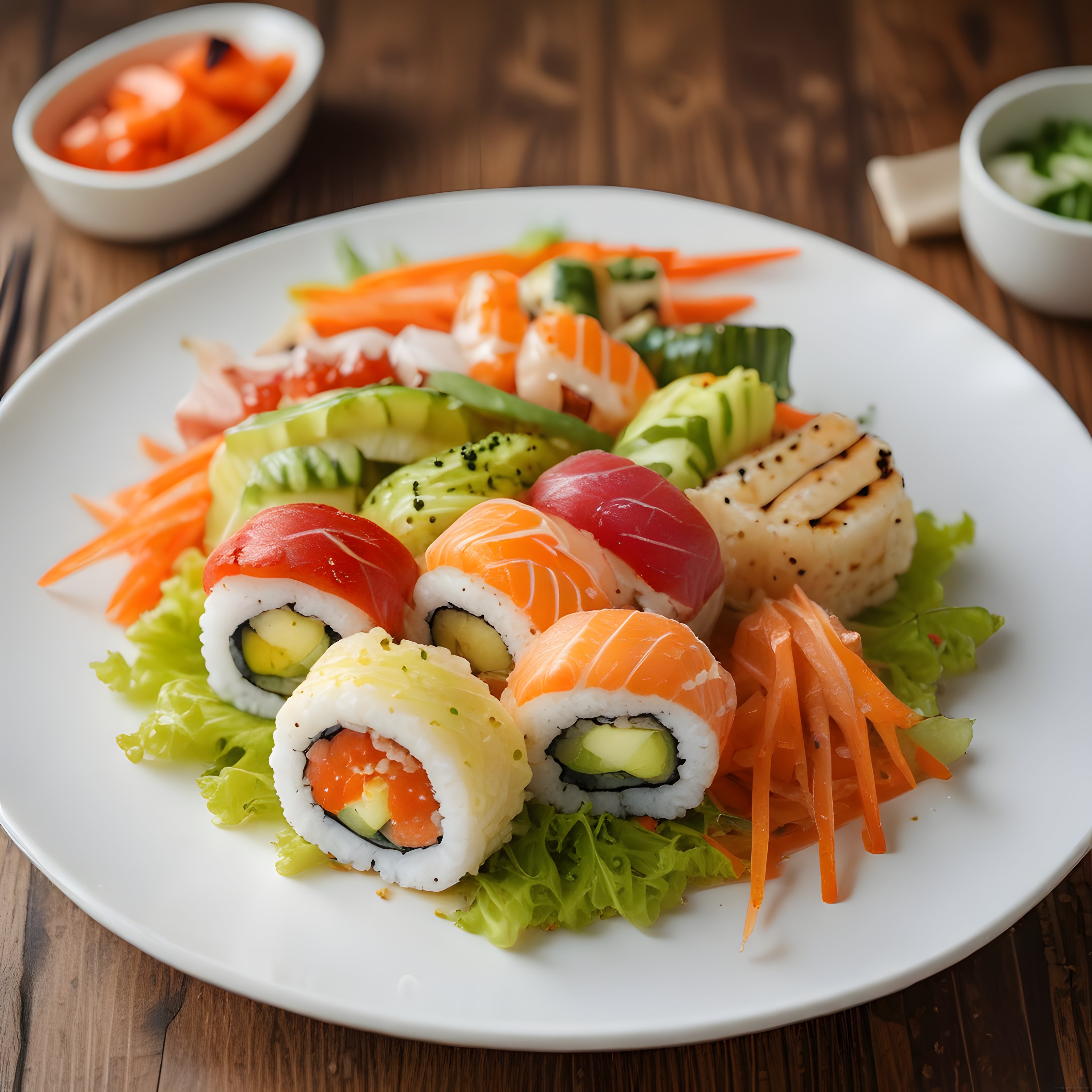 Ahşap masada beyaz tabakta sushi ruloları, taze somon ve avokado eşliğinde