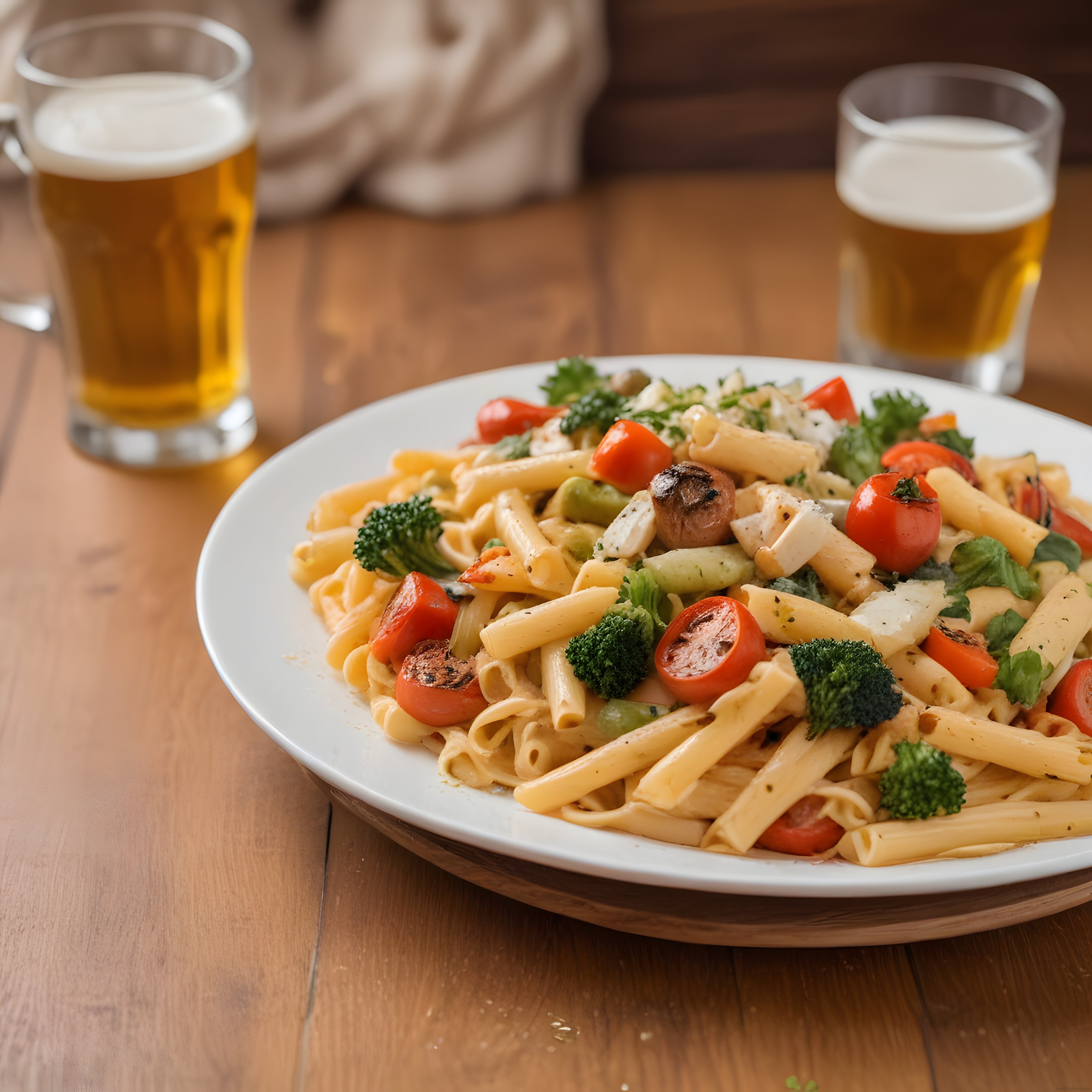 ahşap masada bira eşliğinde sebzeli penne makarna ve ızgara tavuk lezzeti