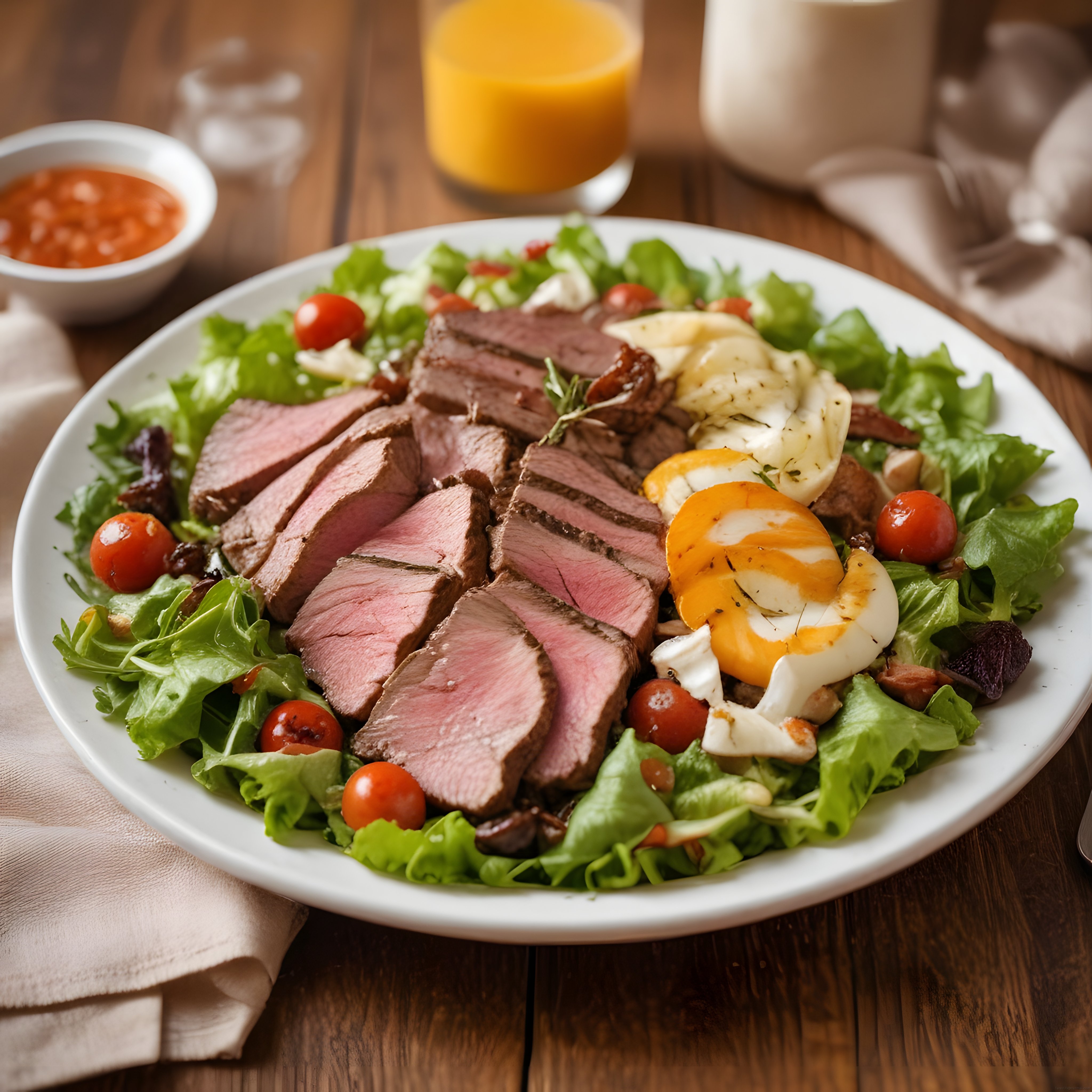 Ahşap Masada Bonfile Et ve Haşlanmış Yumurtalı Sağlıklı Salata Tabağı