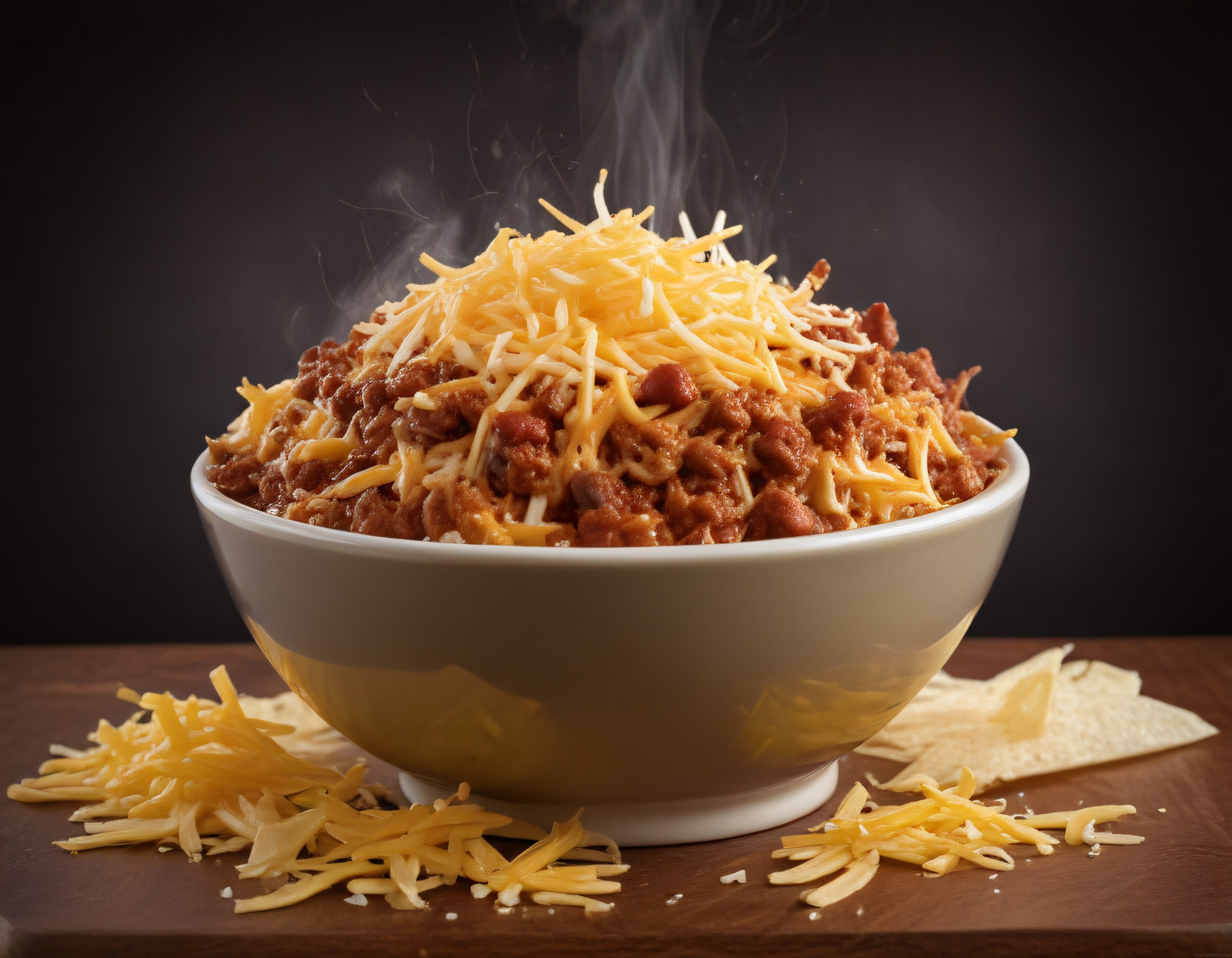 Ahşap Masada Buhar Tüten Peynirli Chili Con Carne ve Tortilla Cipsleri