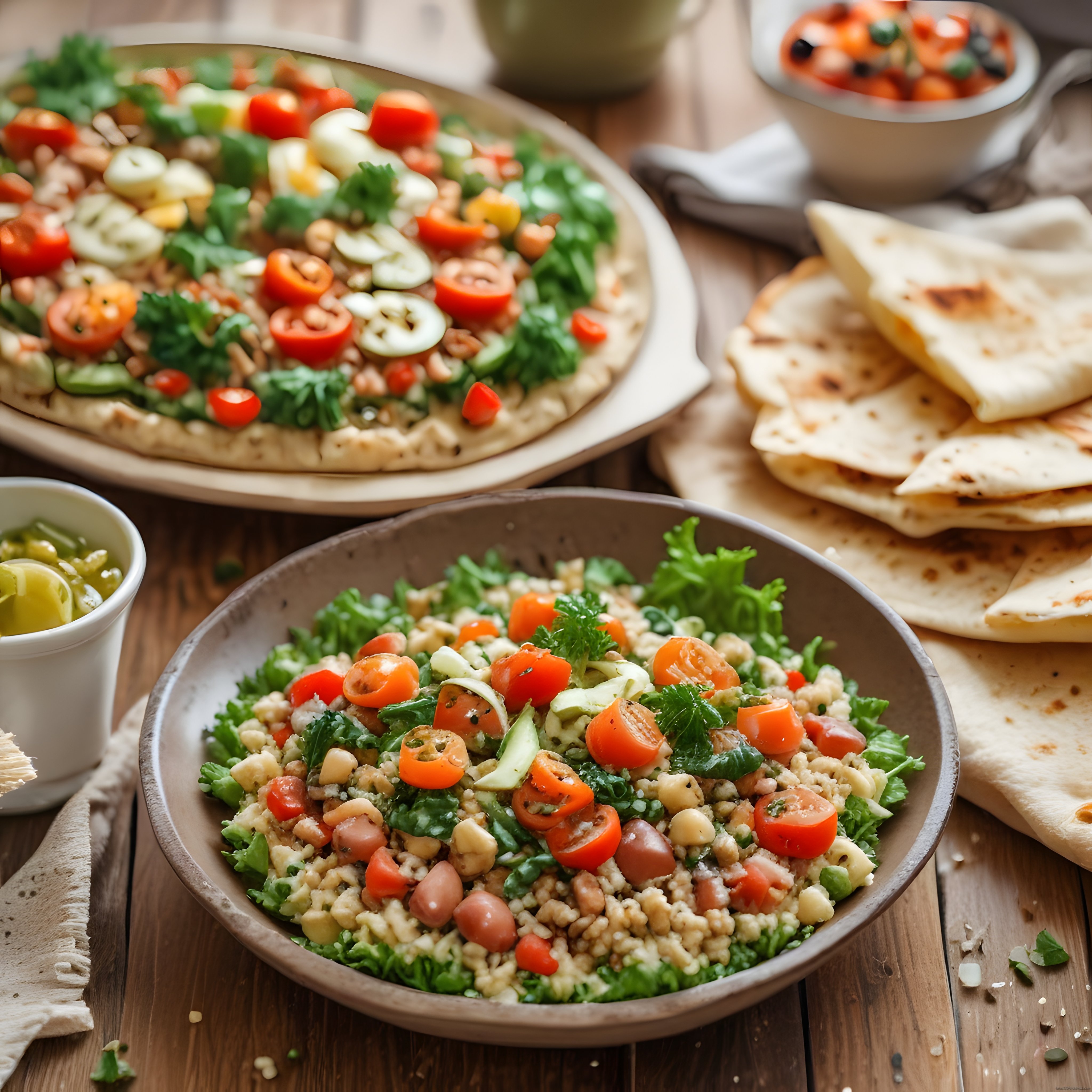 Ahşap masada bulgur salatası, taze baharatlar ve lavaş ile rustik yemek sunumu