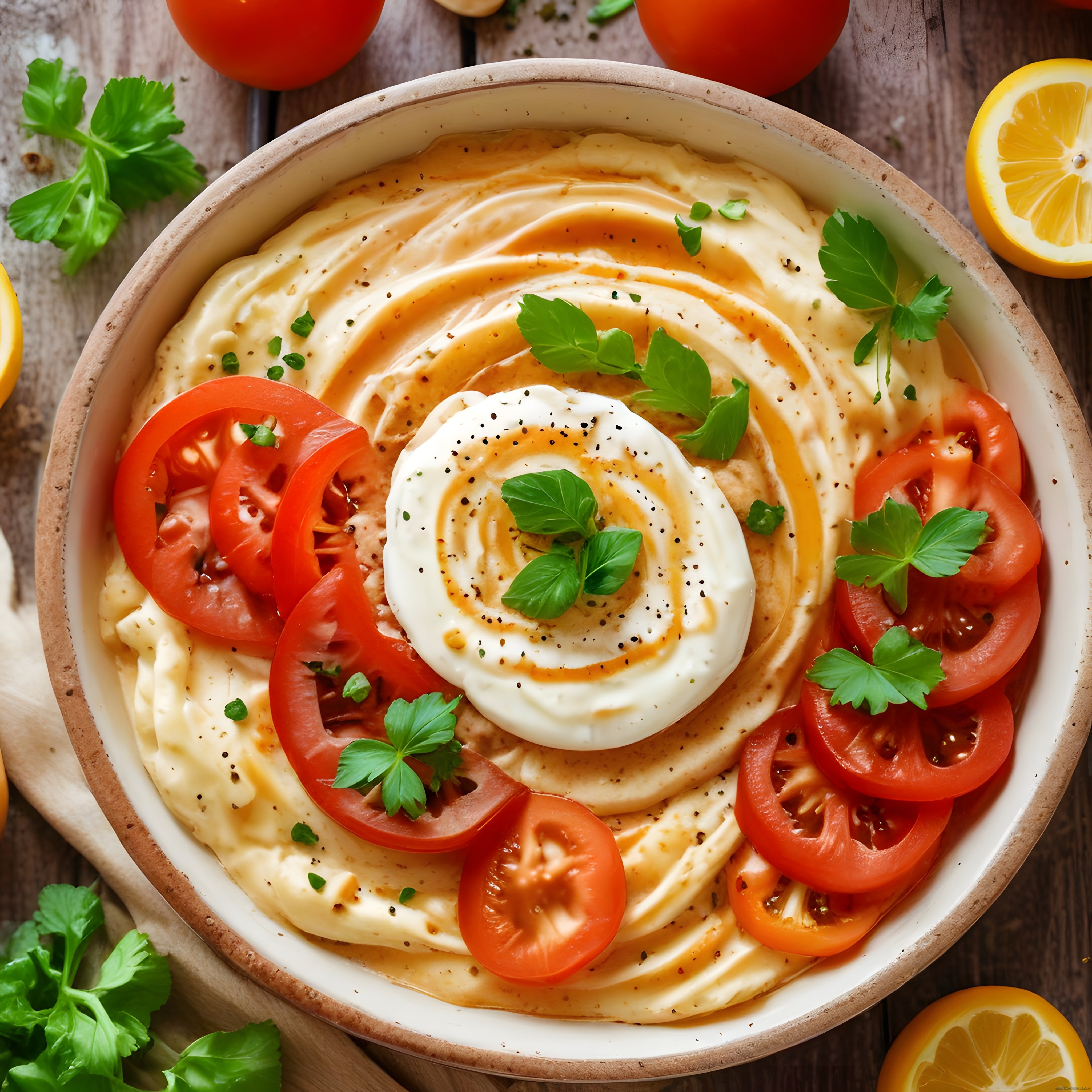 Ahşap Masada Burrata ve Domatesle Süslenmiş Kremasız Humus Mezesi