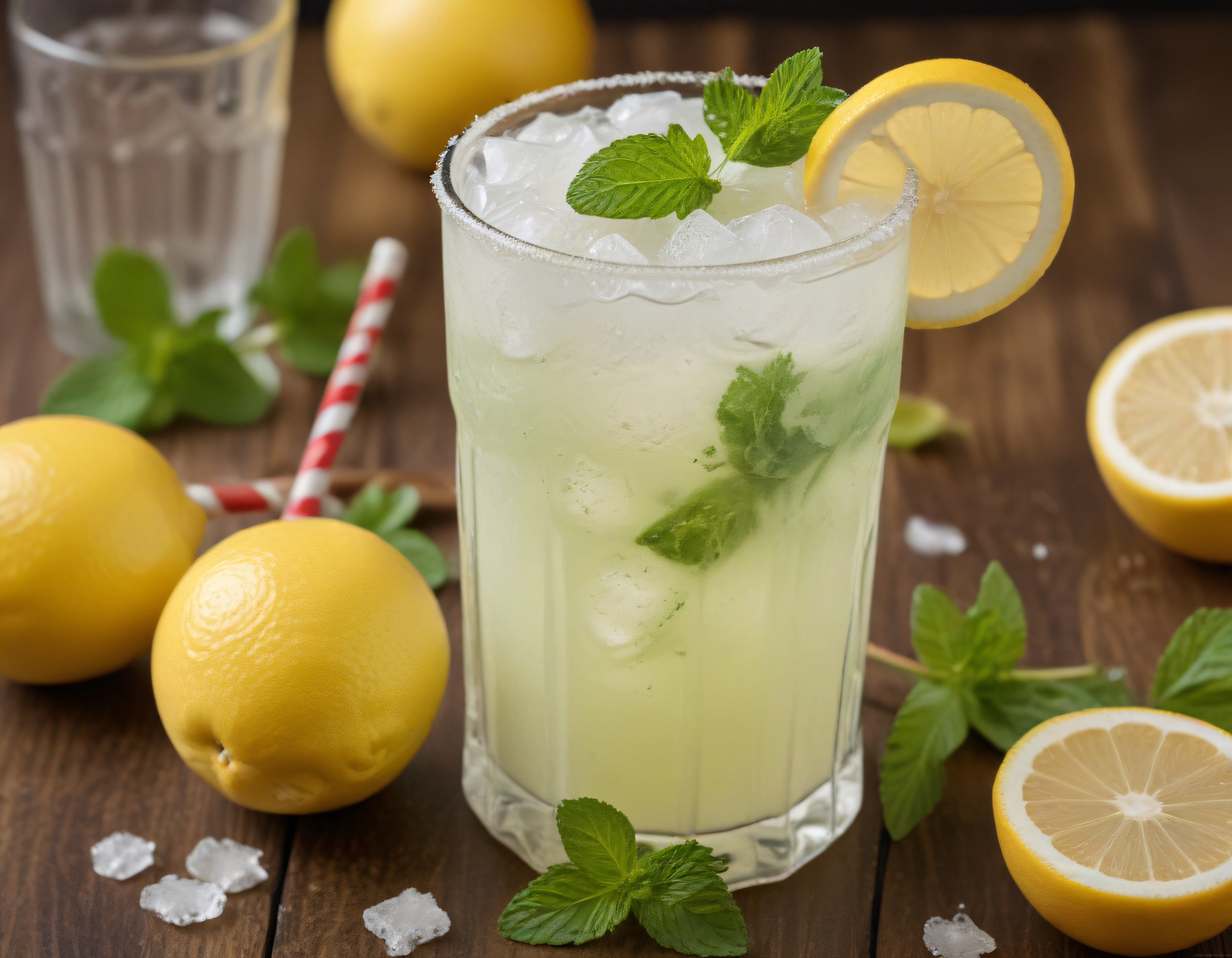 Ahşap Masada Buzlu Limonata ve Taze Nane Yapraklarıyla Serinletici Sunum