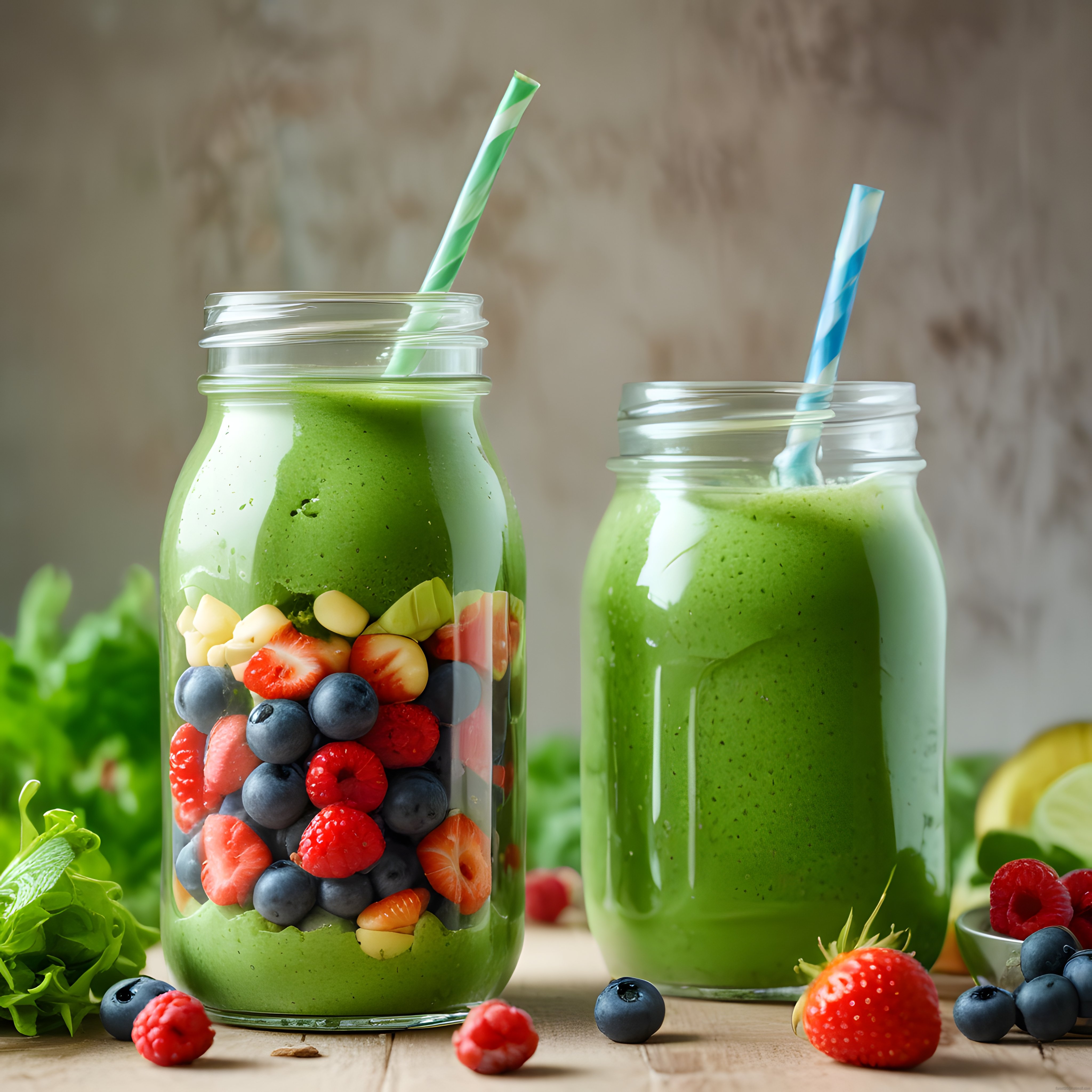 Ahşap Masada Cam Kavanozda Yeşil Smoothie ve Taze Orman Meyveleri