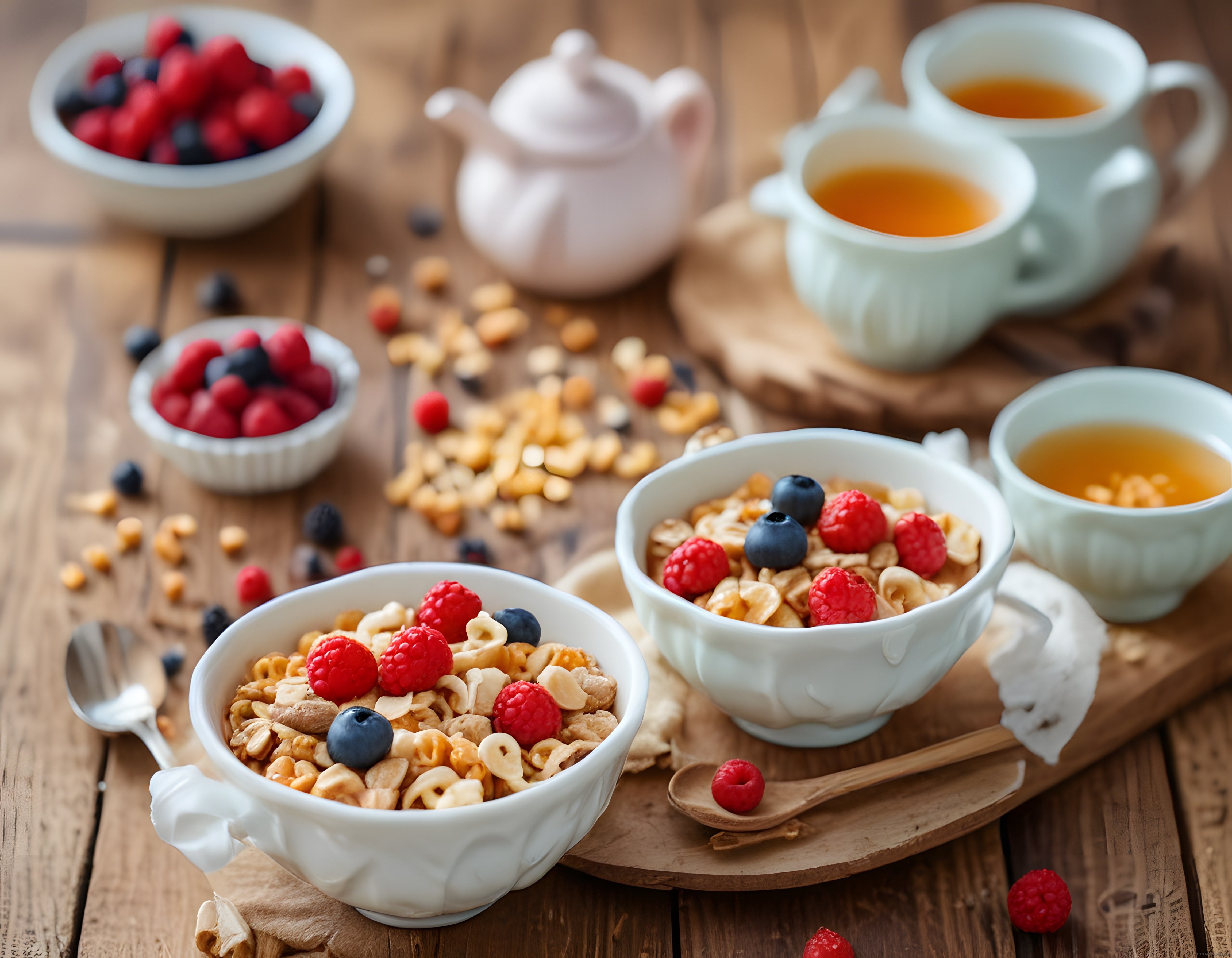 Ahşap Masada Çay Eşliğinde Tam Tahıllı Müsli ve Taze Orman Meyveleri Kahvaltısı