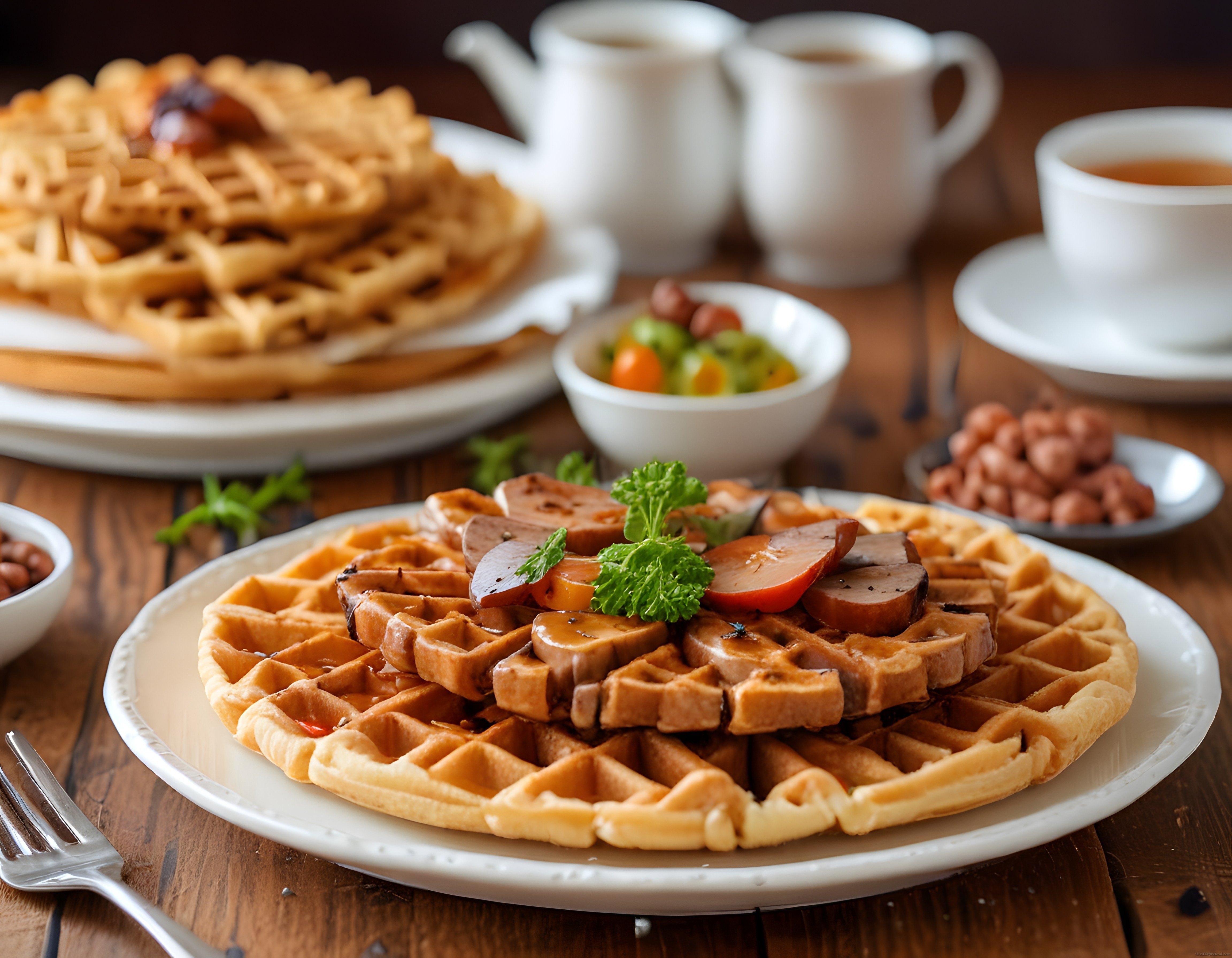 Ahşap Masada Çay ve Kahve Eşliğinde Waffle ile Zengin Kahvaltı Sofrası