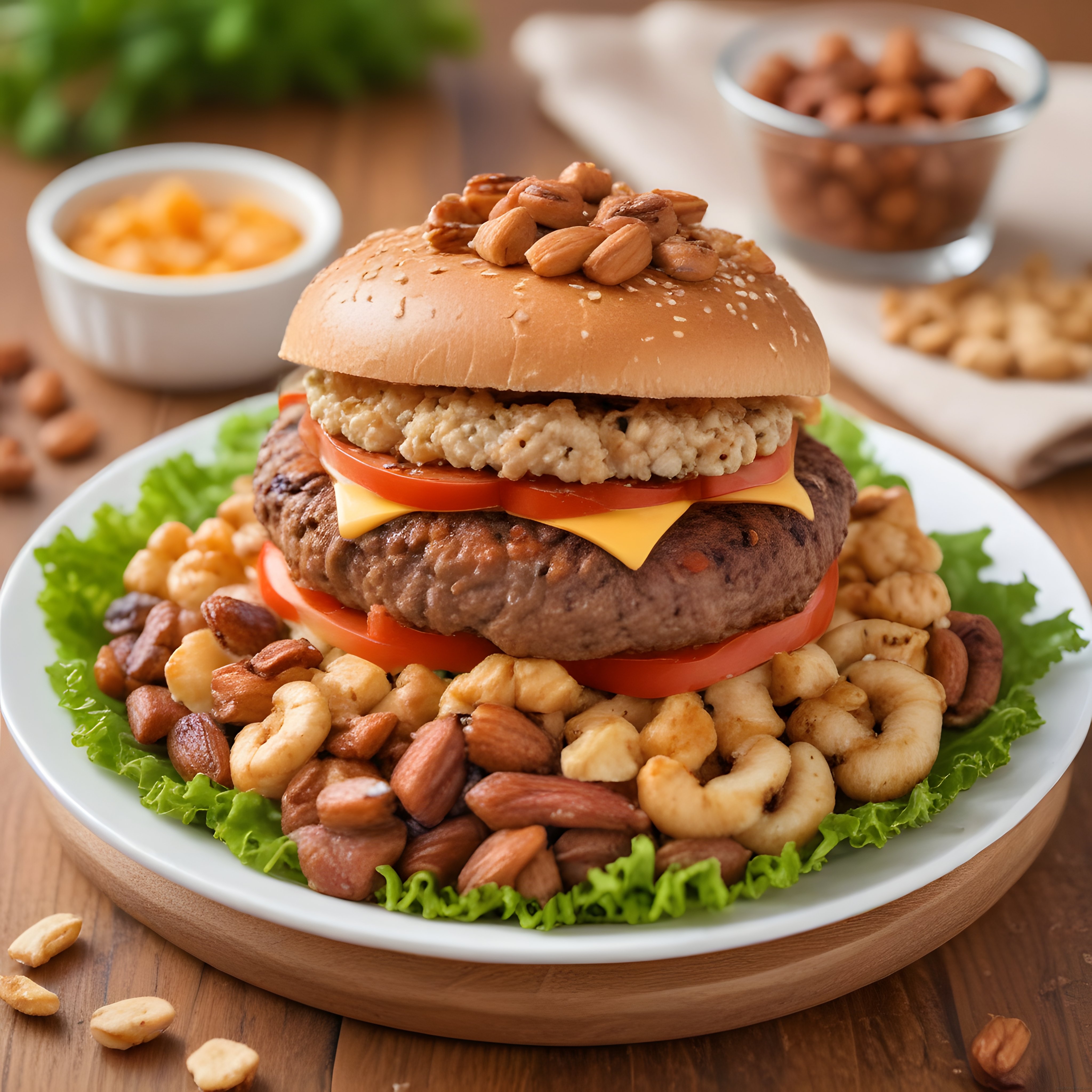 Ahşap Masada Çerez ve Yeşillik ile Süslenmiş Dana Köfteli Gurme Burger