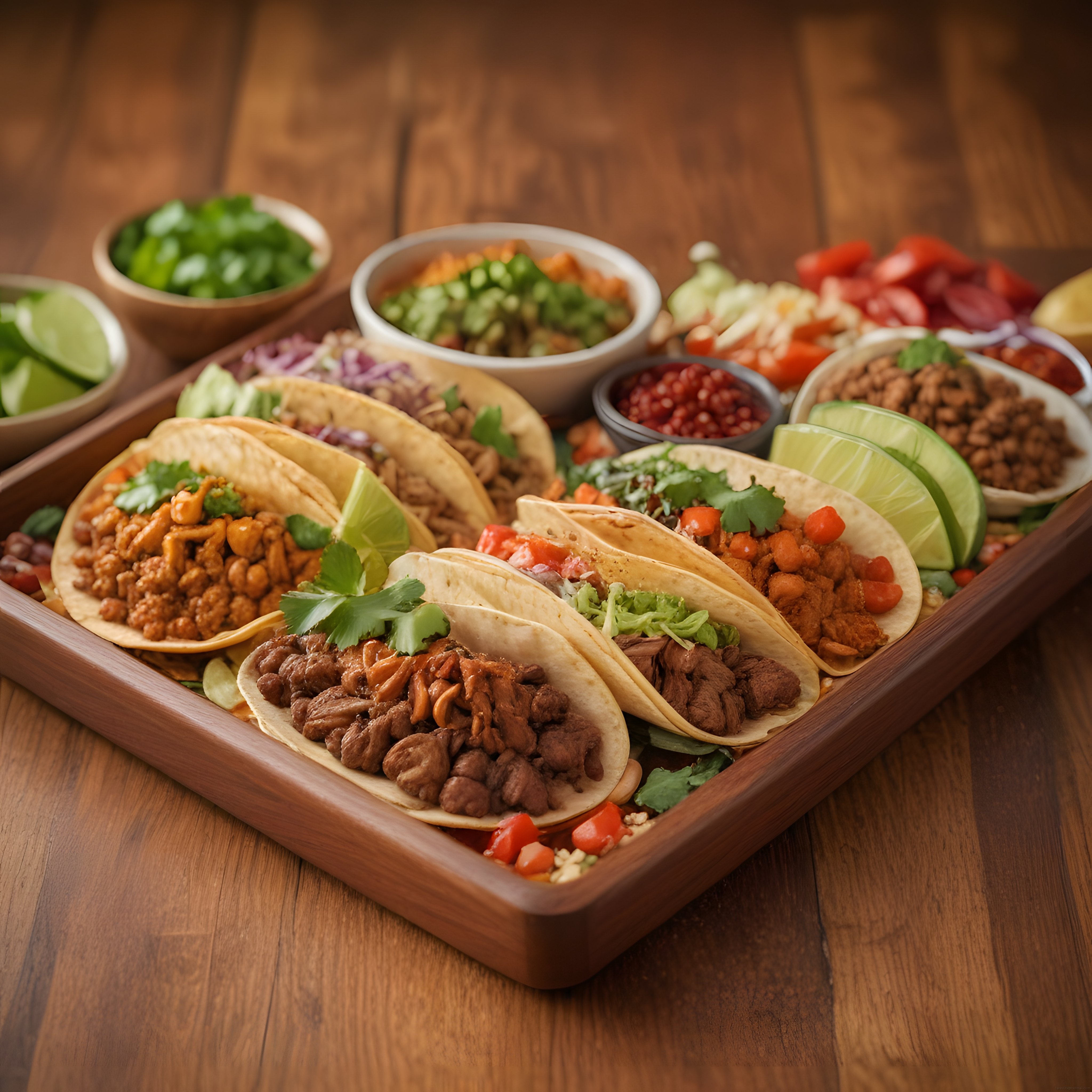 Ahşap Masada Çeşitli Meksika Taco Sunumu ve Taze Salsa Sosları