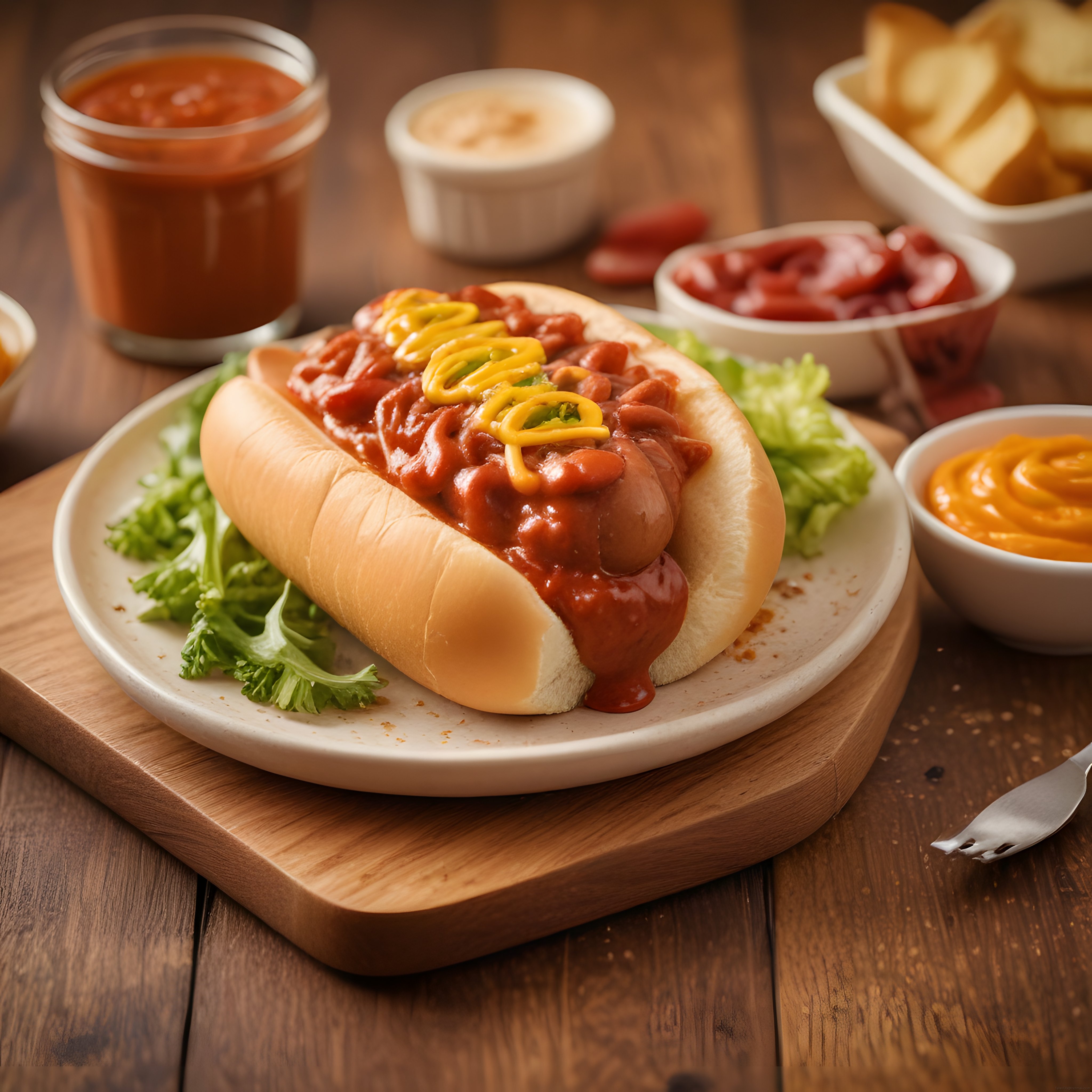 Ahşap masada çeşitli soslar eşliğinde servis edilmiş nefis chili hot dog tabağı