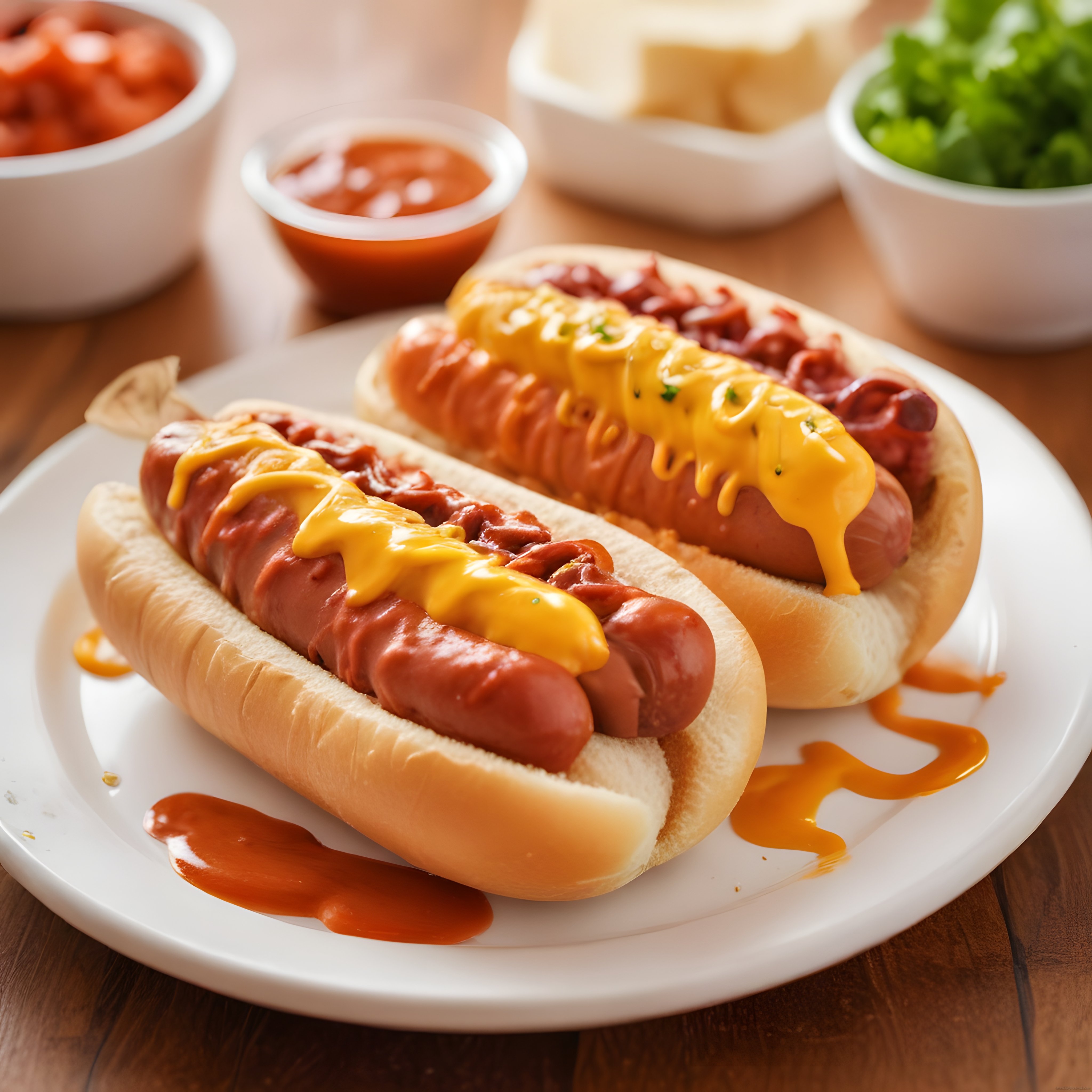 Ahşap Masada Cheddar ve Barbekü Soslu İki Adet Lezzetli Hot Dog Sunumu